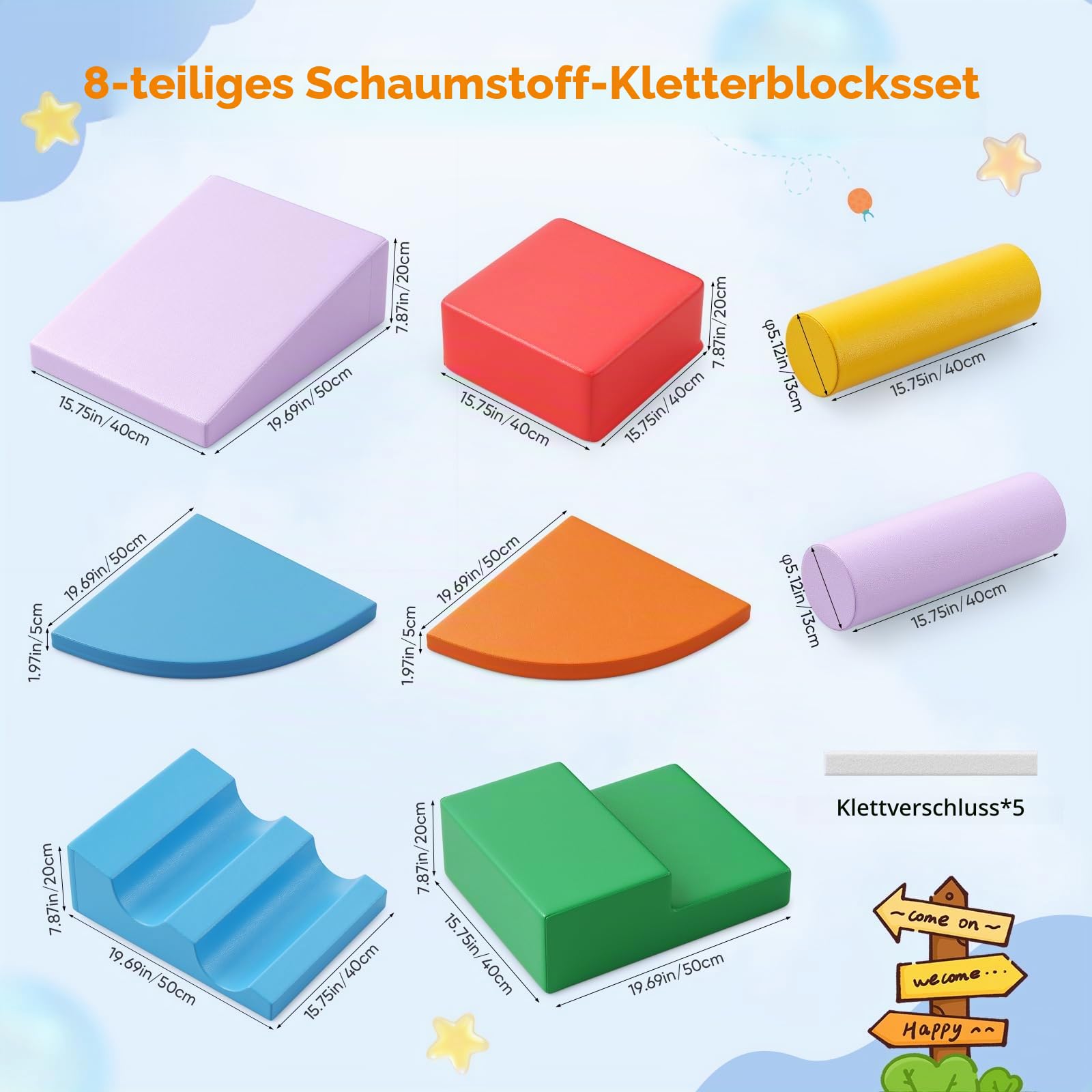 8p-weiße Kletterblöcke für Babys, Baby-Kletterblöcke, kratzfester PU-Bezug, leicht zu reinigen, versteckter Reißverschluss, hochelastischer Schaumstoff, weiches Spielset für Kinder