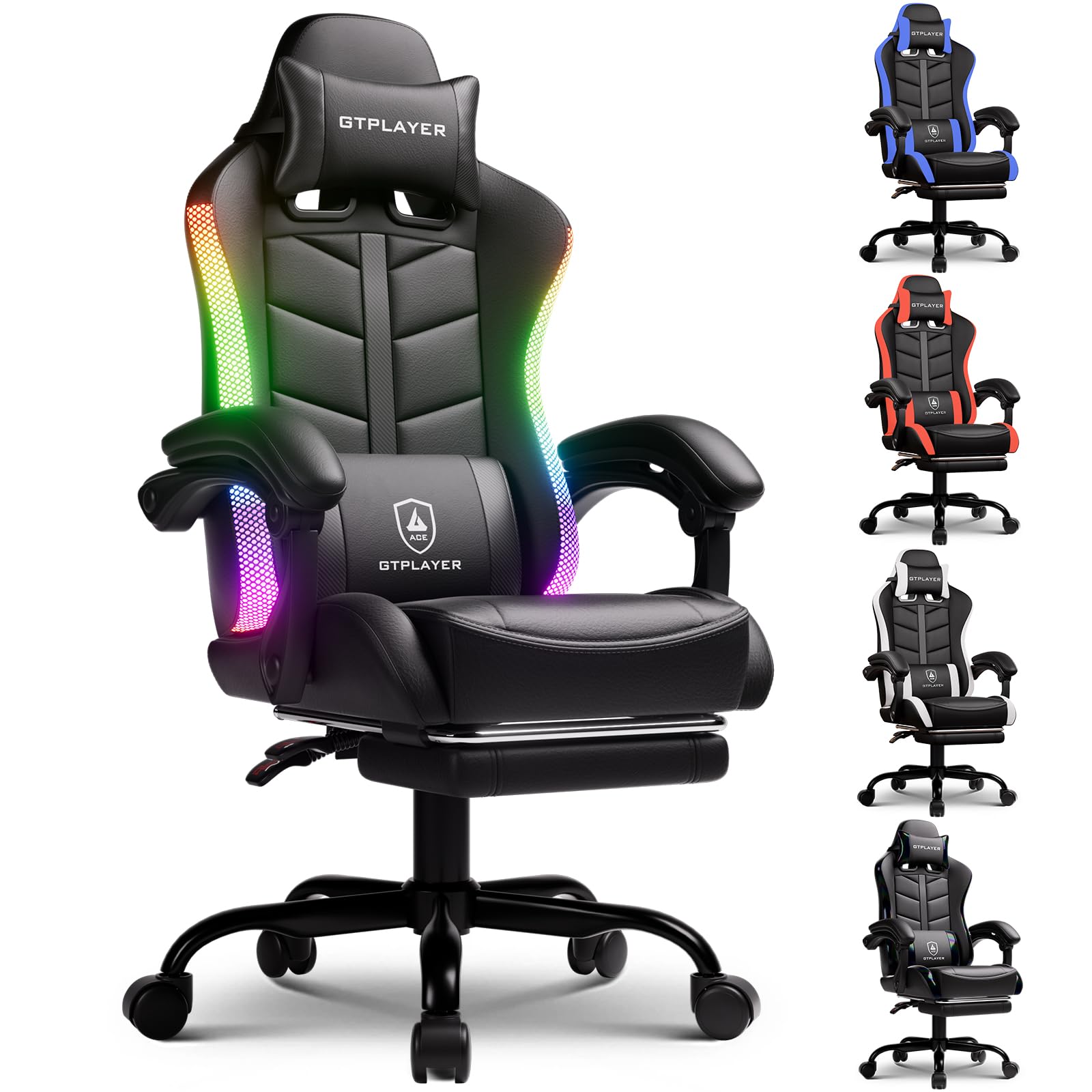 GTPLAYER RGB Gaming Chair with Footrest, Computer Gaming Chair with LED Lights for Adults, Height Adjustable PC Gamer Chair with 90-155° Recline & Removable Headrest Lumbar Support
