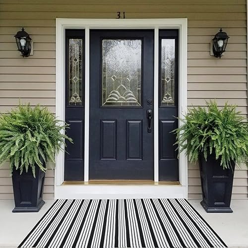 Vista 109 de Alfombra de exterior blanca y negra de 3 x 5 pies, alfombra de algodón tejida a mano, lavable a máquina, para interiores y exteriores, alfombra