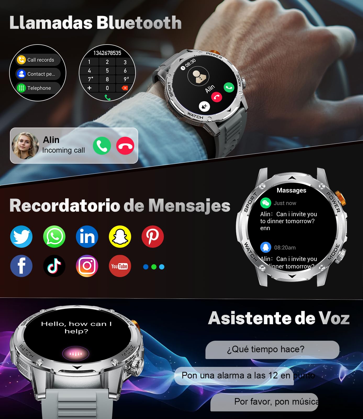 LIGE Reloj Inteligente Hombre 1000mAh/Linterna LED, 1.75" HD, Plata