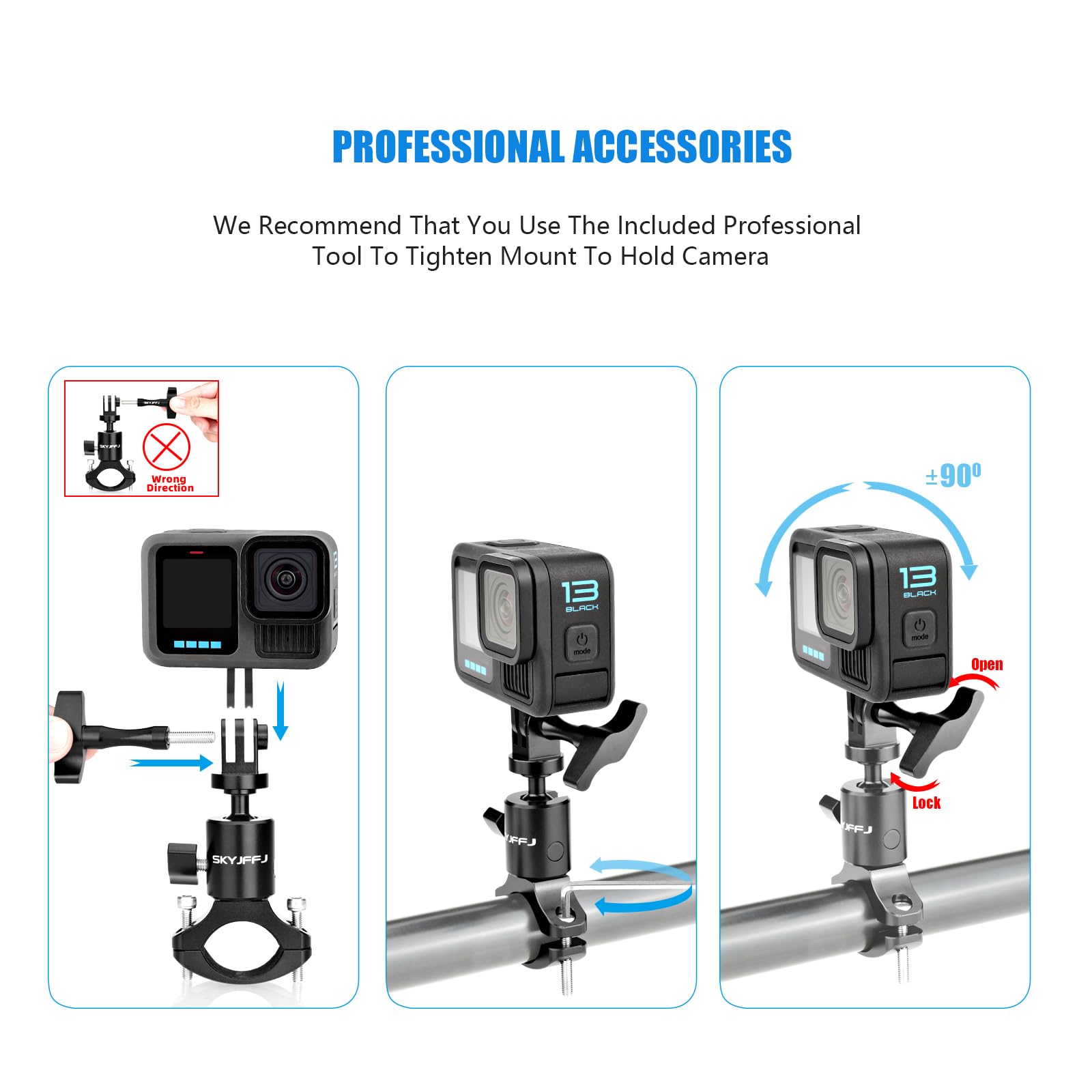 Soporte para manillar de cámara de MTB con cabezal esférico para GoPro Hero 8/9/10/11/12, rotación de 360 grados, de aluminio, accesorios para cámara deportiva