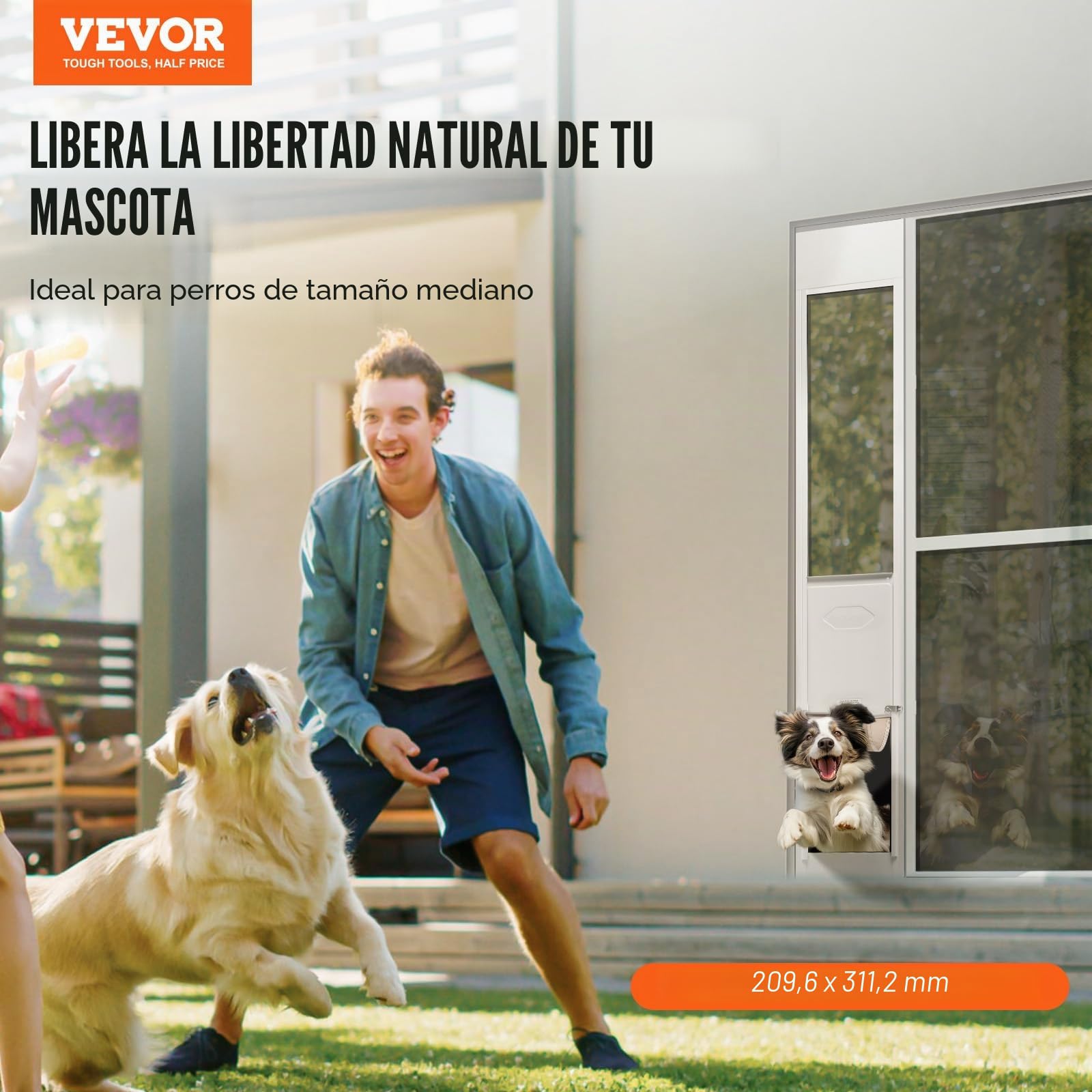VEVOR Puerta Corrediza de Vidrio para Perros Altura Ajustable 209,6 x 311,2 x 1927-2049 mm Puerta para Mascotas de Vidrio Templado con Estructura de Bisagra, Solapa y Cerradura para Perros Pequeño