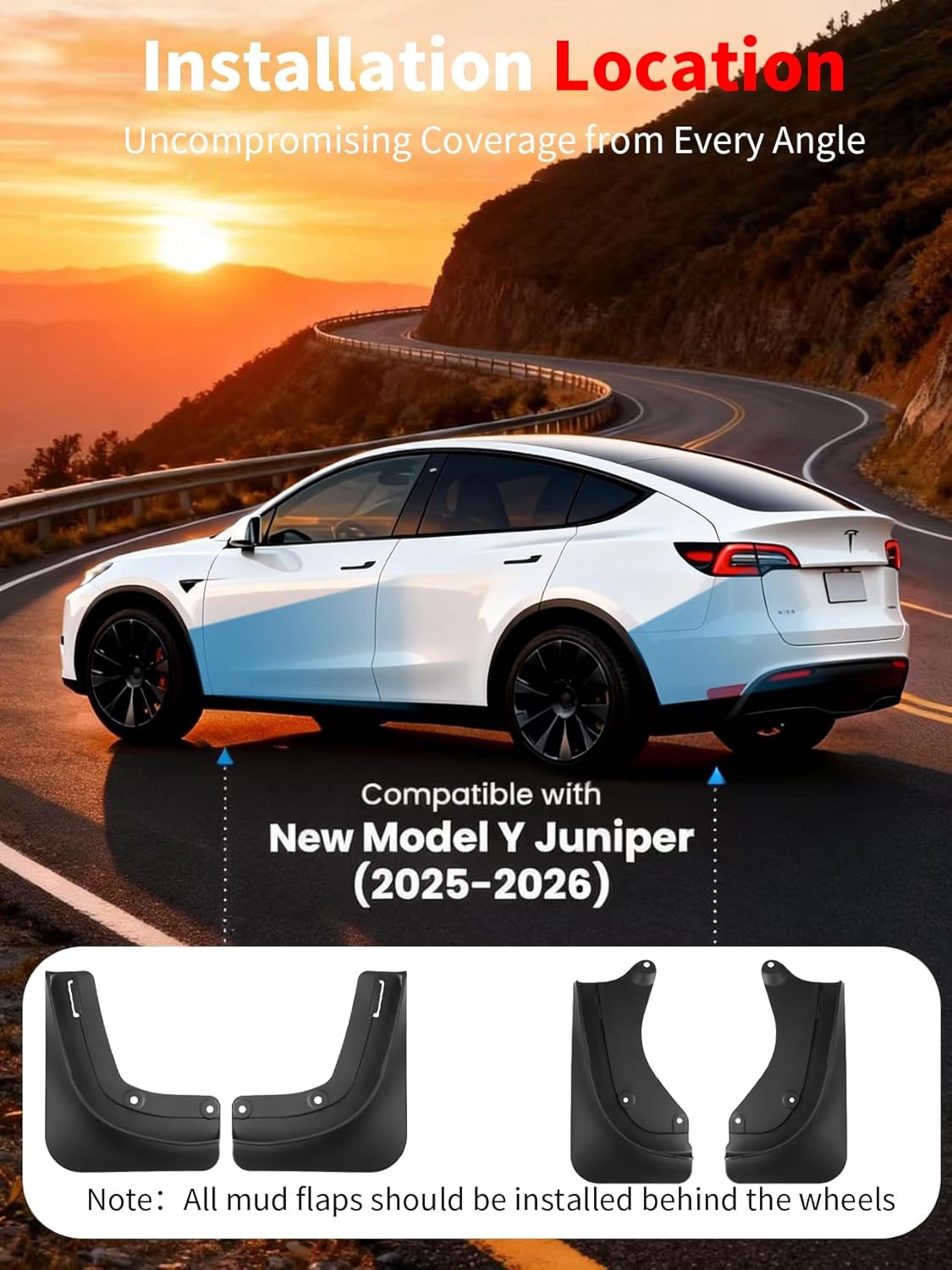 No Drill Mud Flaps for 2025-2026 Tesla Model Y Juniper (Standard/Premium/Performance)，OEM Precision Fit, Heavy Duty All Weather Protection, No FSD/Sensor Interference, 4PCS Matte Black