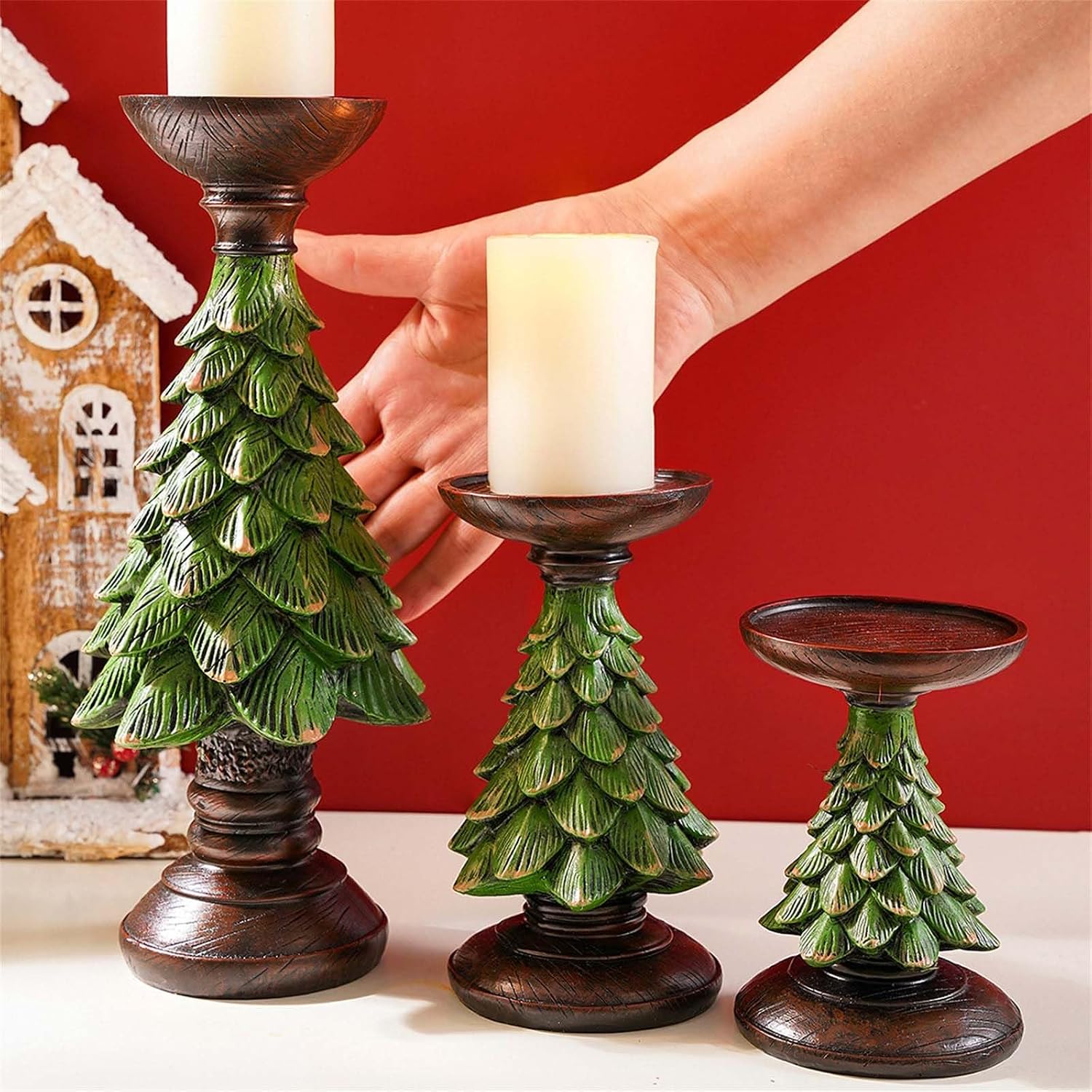 Resin Decorative Stand with Christmas Tree Pedestal, Distressed Finish Round Tray Accent for Holiday Home Decor Holiday Holder Christmas Tree Stand Resin Mantel Decor Table Centerpiece Vintage
