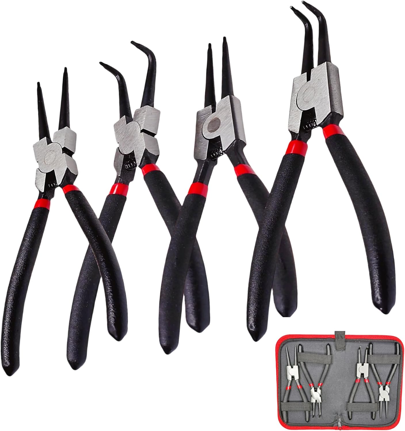 7” Snap Ring Pliers Set 4PC, Internal/External Circlip Pliers with Straight+Bent Jaws, Heavy Duty C Clamp Pliers & C Clip Removal Tool for Automotive Tools Professional Mechanics