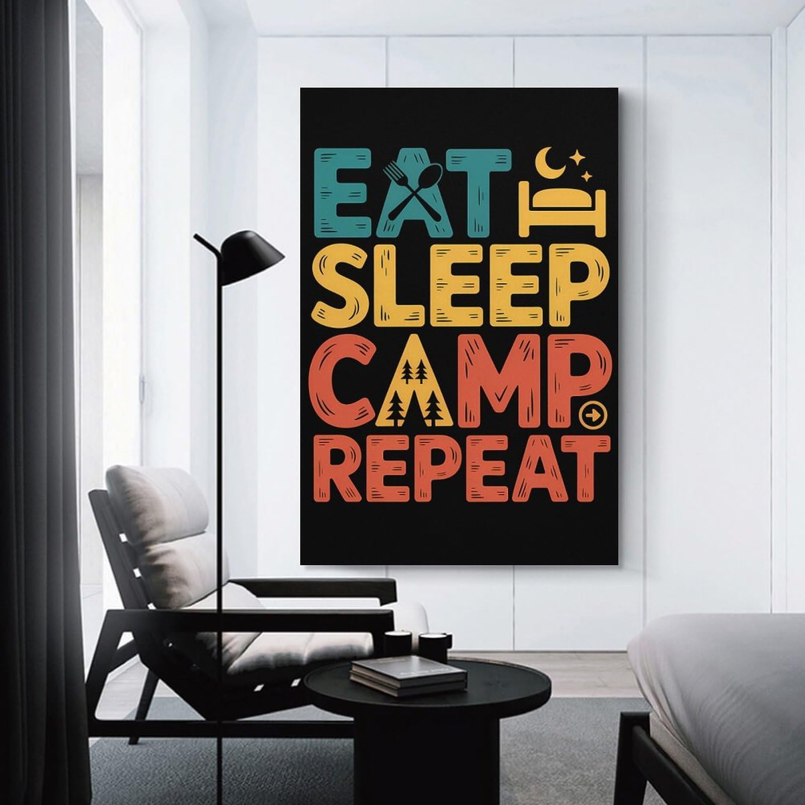 Junmoney Unframe-Style-14 Wall Art Print Eat Sleep Camp Repeat Text Art, 20X30inch(50X75cm), For Bedroom Decor, Cosy Corners Or Studios, Decorative Wall Art For Cosy Rooms