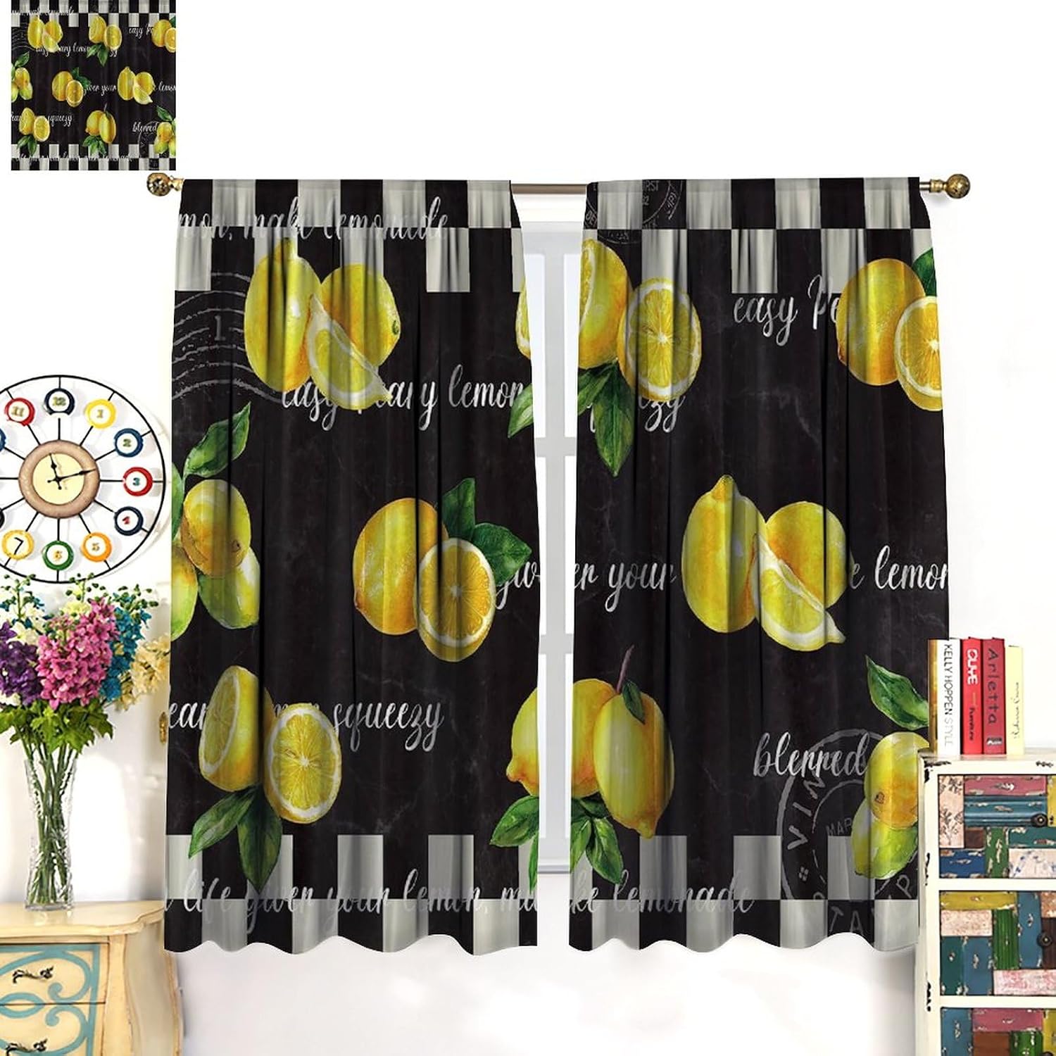 Lemon Kitchen Curtains Vintage Black and White Buffalo Grid Lemon Kitchen Decoration Blackout Curtains W42 * L45 Inch