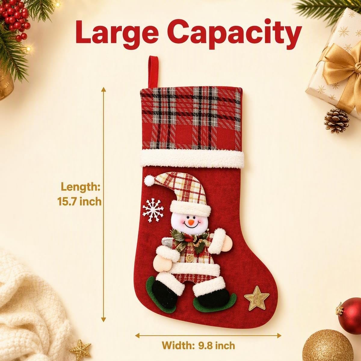 3 Pack Plaid Christmas Stockings with Hooks, 15.7'' Knit Xmas Socks for Fireplace Mantel, Traditional Holiday Decor for Gifts
