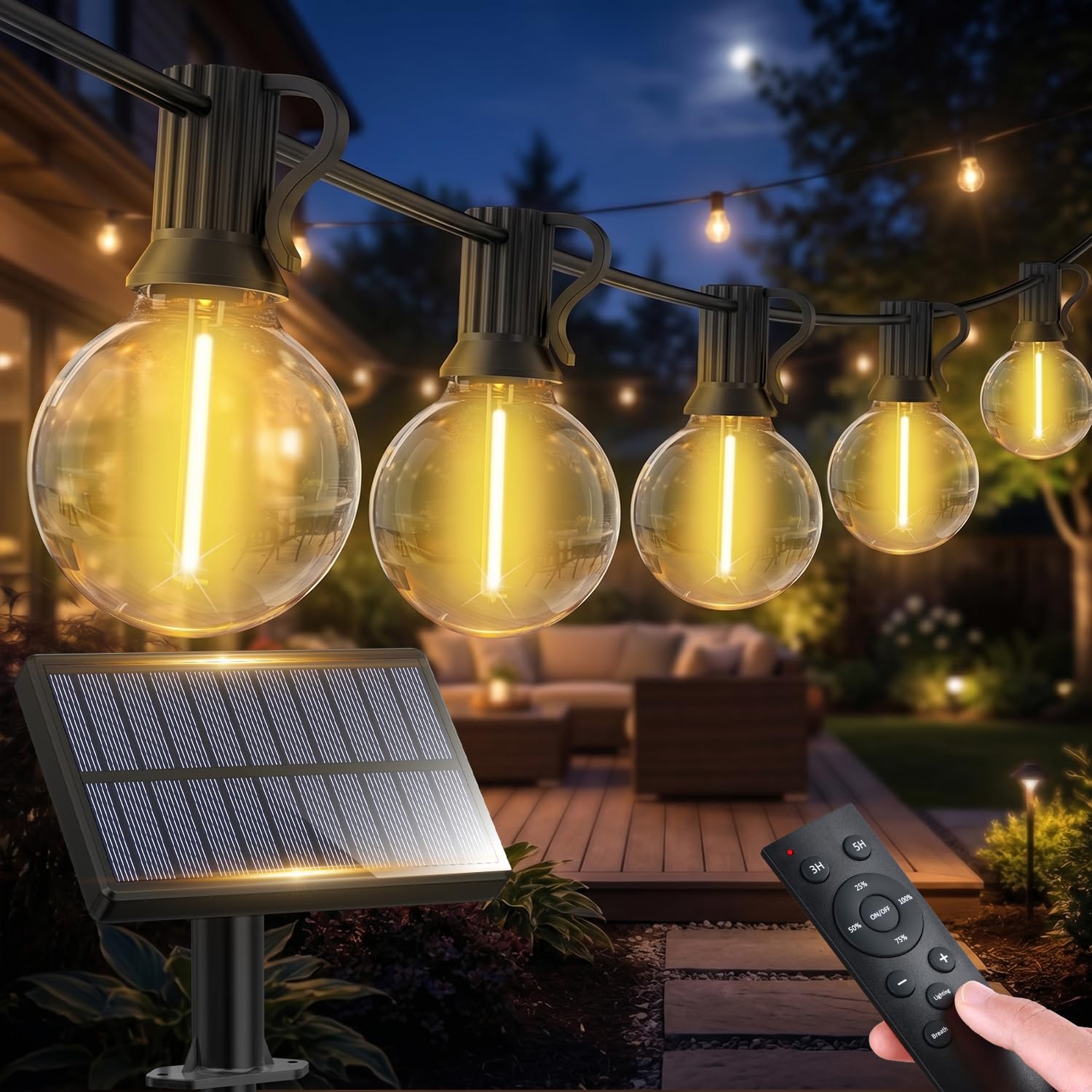 Warlisou Solar-String-Lights-Outdoor-Garden - 17+2 Bulbs G40 String Lights Outdoor Festoon - Remote Control 10M Garden Light Outside Solar Powered Waterproof Led