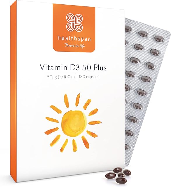 Healthspan Vitamin D3 50 Plus (180 Capsules) | Ideal for Anyone Over 50 | Super Strength | Immune Health | Bone, Teeth & Muscle Health | Contains 2,000iu of Natural Vitamin D3 Per Tablet | Vegetarian