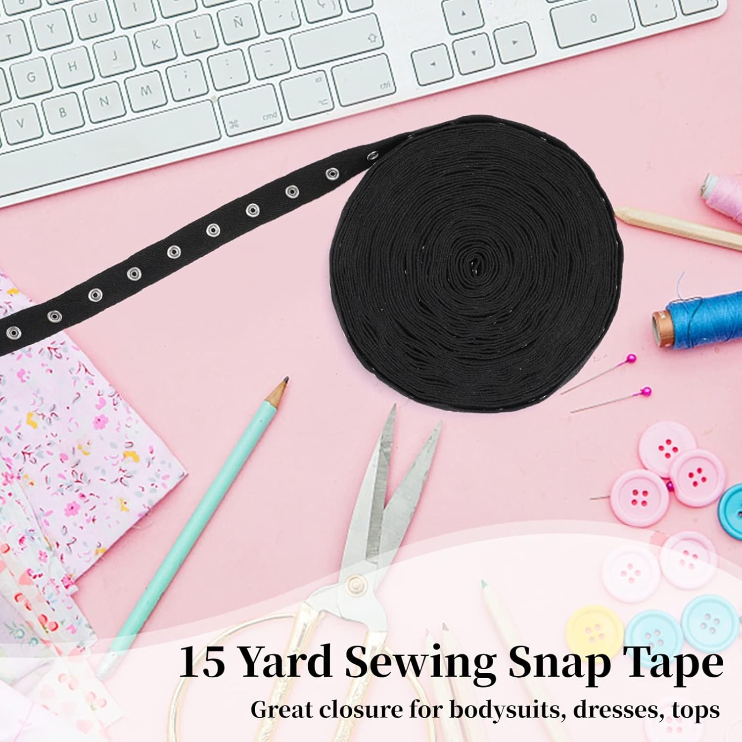 15 Yard Black Sewing Snap Trim, Soft Cloth Snap Button Tape, Fastener Press Stud Tape for DIY Accessories