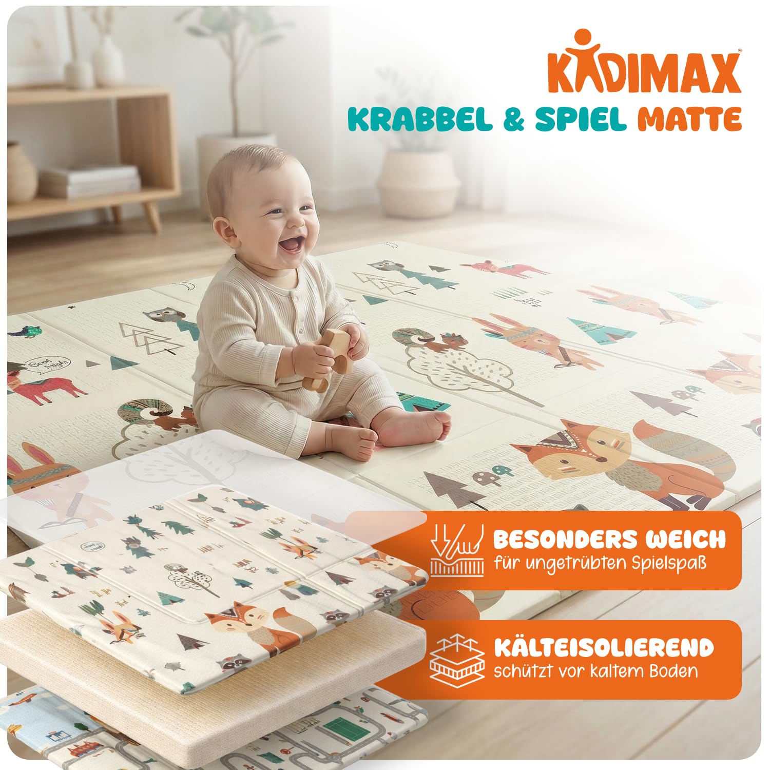 Krabbelmatte Baby & Kinder 200x180x1 cm – Faltbare Spielmatte/Spielteppich, BPA- & schadstofffrei, beidseitig, rutschfest, wasserdicht, tragbar – Spielunterlage für Innen & Outdoor, Muster 2