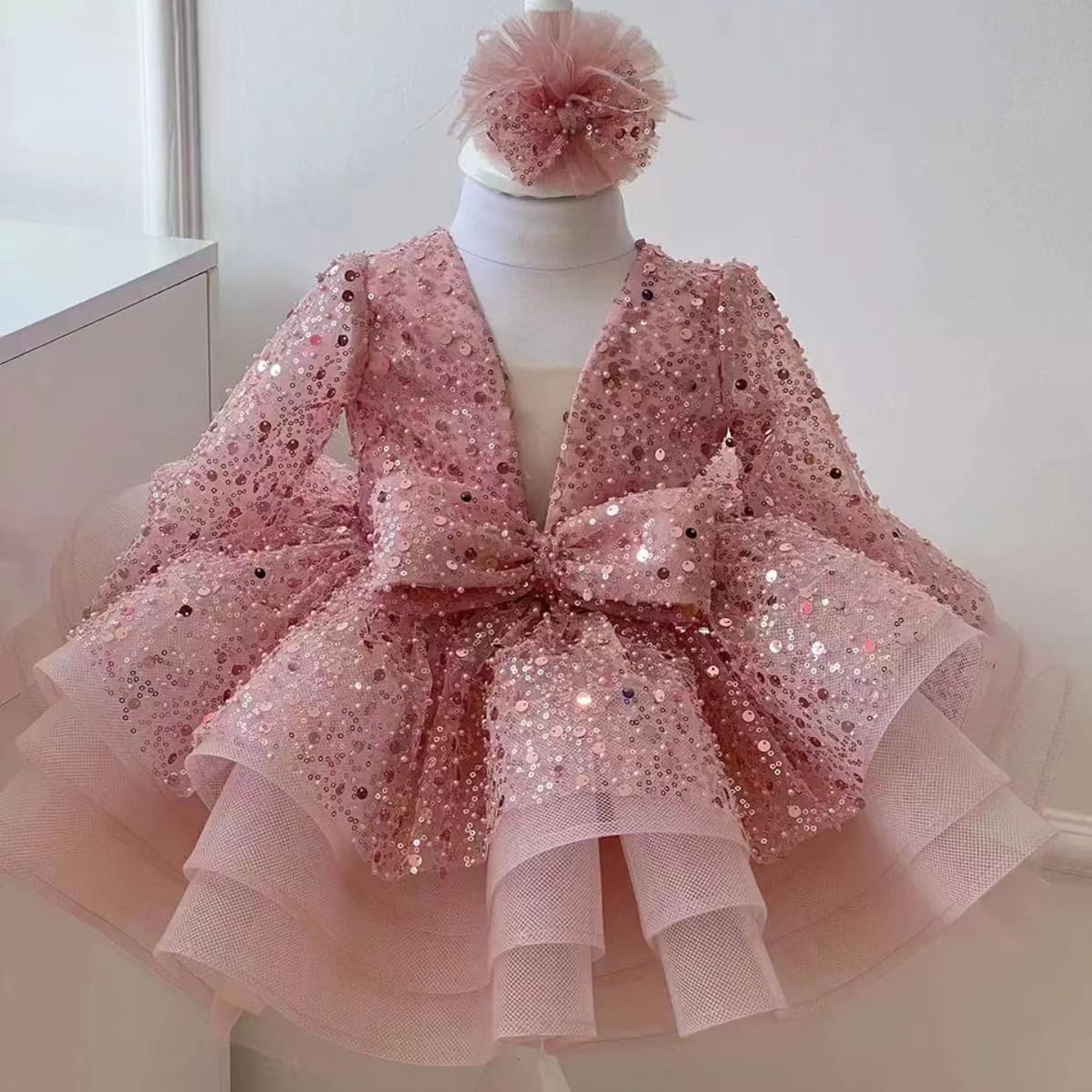 KLFFLGID Baby Girl Pageant Dress Sequins Embroidered Lace Toddler Flower Wedding Birthday Party Gown Dresses