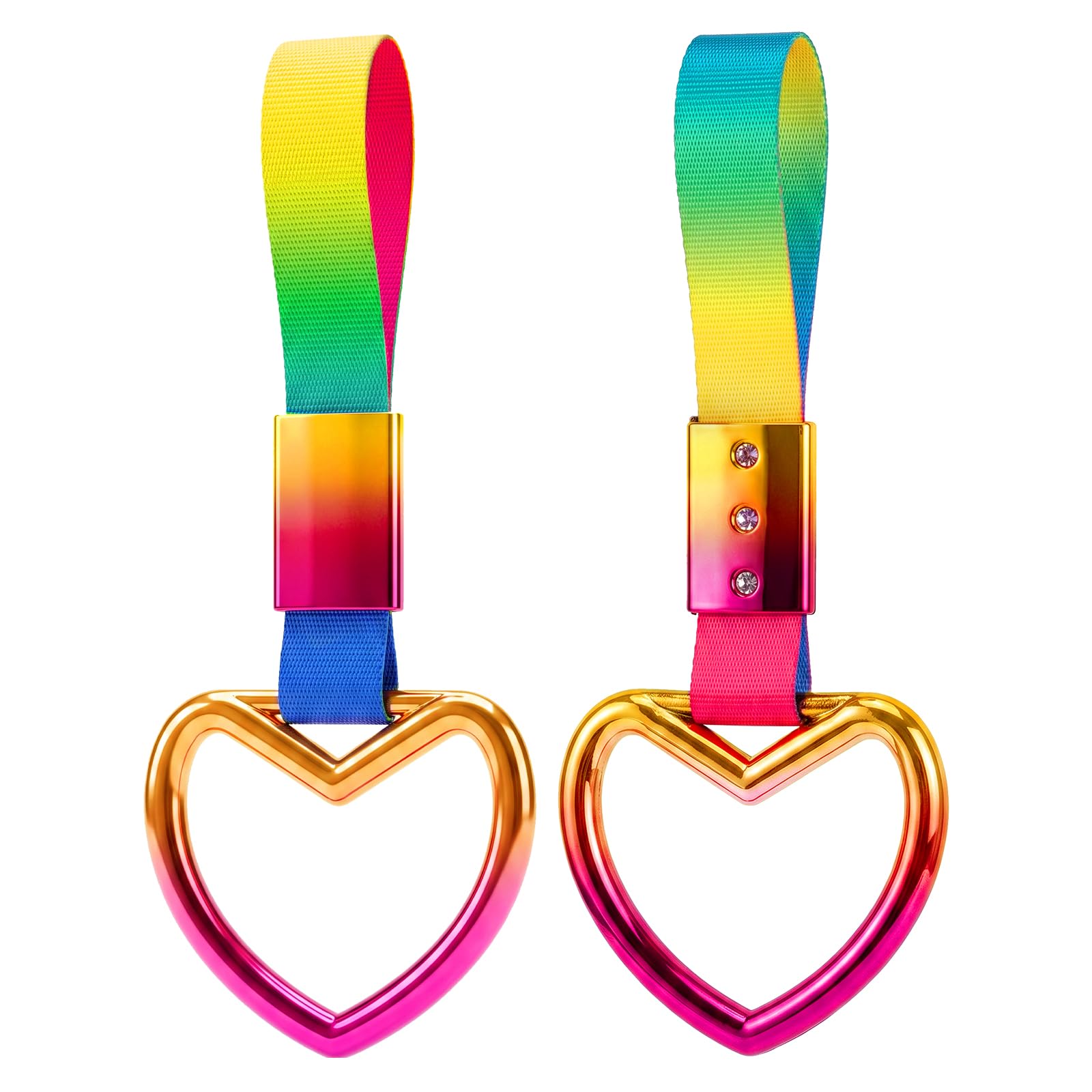 2PCS Heart Shaped Car Handle Straps, Rear Bumper Warning Keychain Ring for Car Exterior Accessories (Chrome Rainbow Heart - Rainbow)