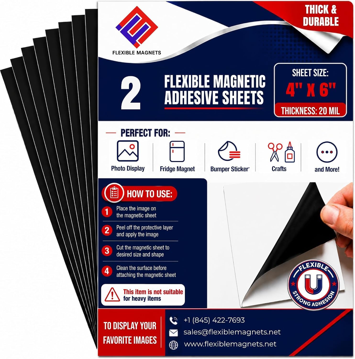 Flexible Magnet Sheet with Adhesive Backing, 20 Mil, 4" x 6", 2 Pack
