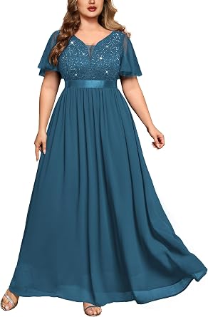 MISSMAY Plus Size Sequin Lace Formal Prom Dress | Evening Gowns,Elegant V Neck,Wedding Guest,Bridesmaid Dress,Sequin Lace Design,Ruffle Sleeves,A-line Chffion Dress