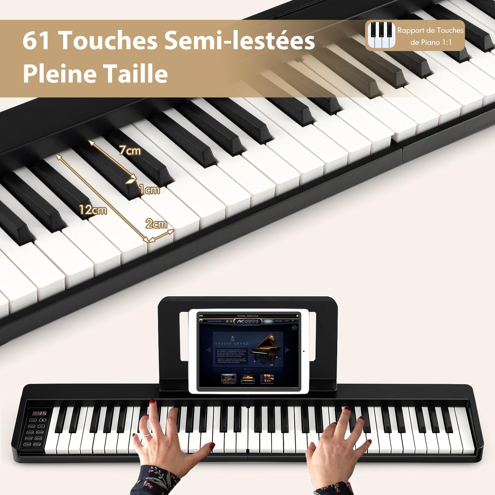 COSTWAY Piano Numérique 61 Touches Pliable avec 128 Sons & 128 Rythmes, Clavier Électronique Portable avec Fonction Bluetooth, Haut-Parleurs & Pédale de Sustain pour Enfants ou Débutants