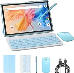 NOVOJOY Tablet 2 em 1, tablet Android 14 de 10 polegadas, tablets com teclado, mouse, capa, caneta, 64 GB de ROM + 8 GB de RAM, câmera dupla de 2 MP + 8 MP, processador Quad Core, bateria de 6000 mAh