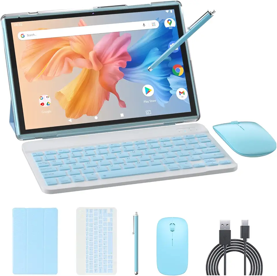 NOVOJOY Tablet 2 em 1, tablet Android 14 de 10 polegadas, tablets com teclado, mouse, capa, caneta, 64 GB de ROM + 8 GB de RAM, câmera dupla de 2 MP + 8 MP, processador Quad Core, bateria de 6000 mAh