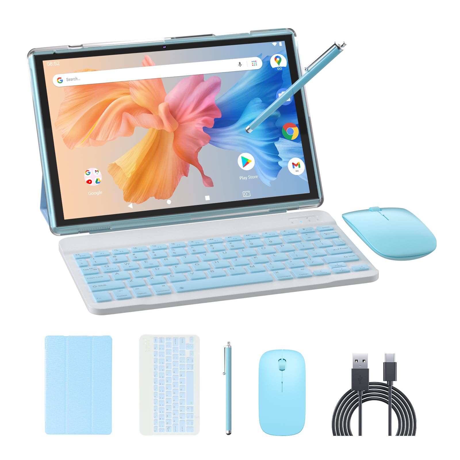 NOVOJOY 2 in 1 Tablet da 10 Pollici con Sistema Operativo Android 14, Tablet con Tastiera, Mouse, Custodia, Stilo, 64GB ROM+8GB RAM, Fotocamera Doppia 2MP+8MP, Processore Quad Core, Batteria da