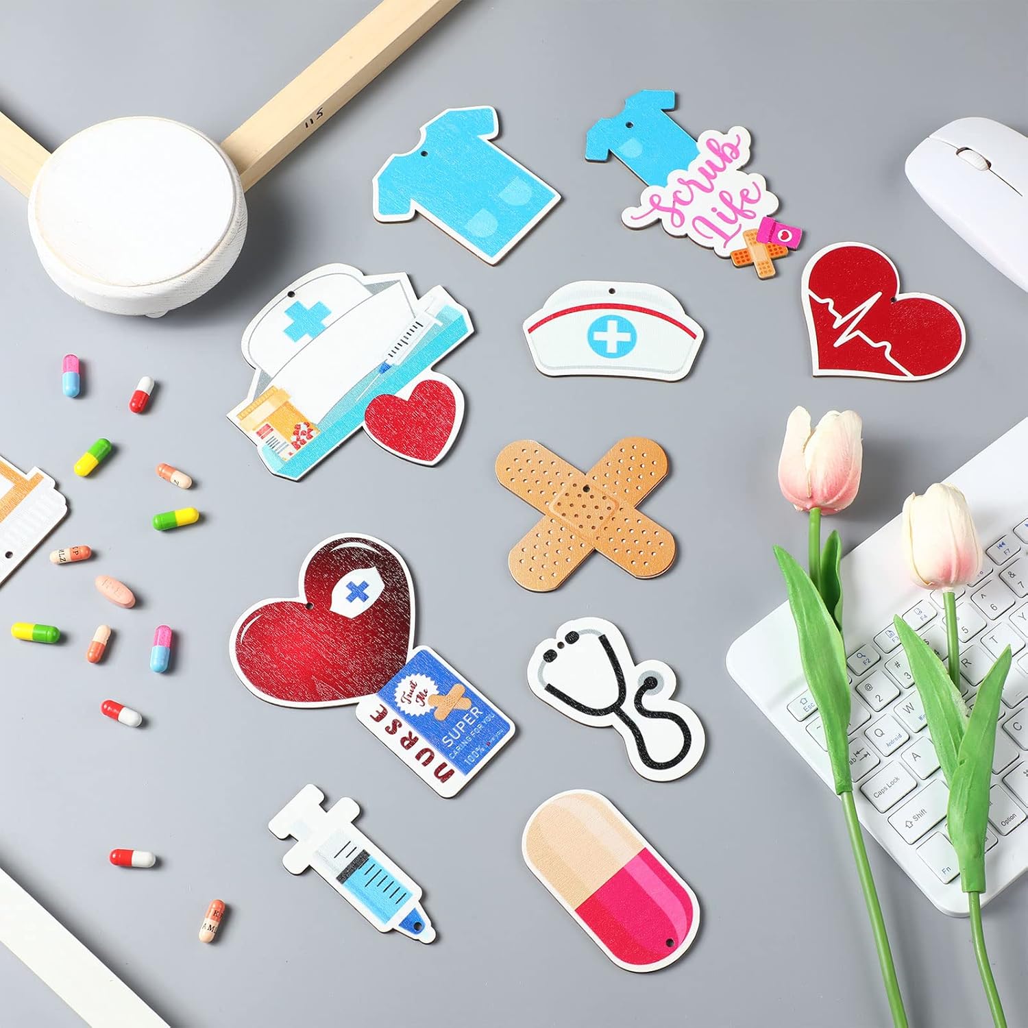 48 Pieces Christmas Nurse Wood Ornament Scrub Life Tray Cap Themed Hanging Appreciation Gifts for Tree Home Decorations (Classic) - Image 3