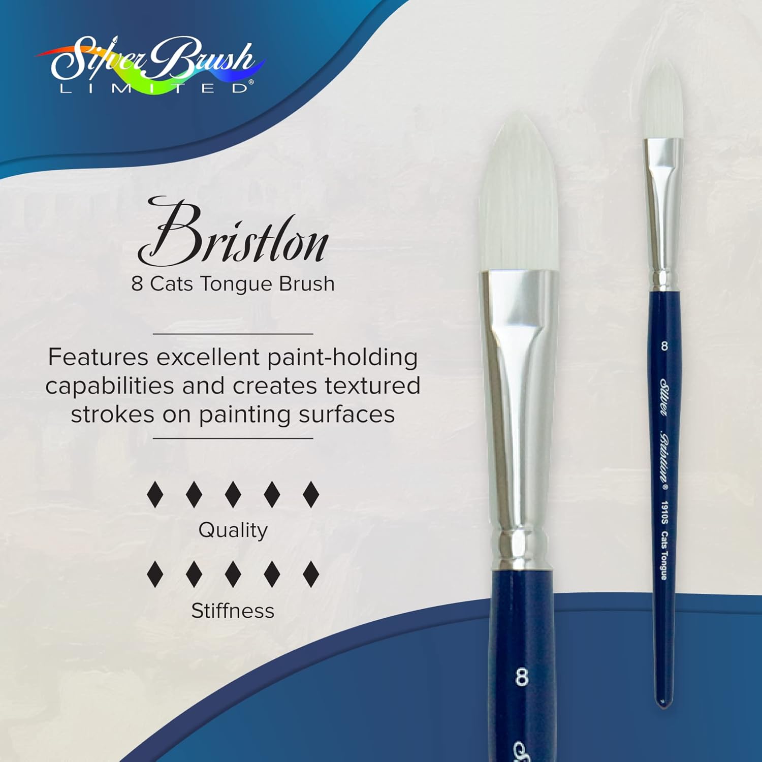 Silver Brush Limited 1910S-8 Bristlon Cats Tongue Paintbrush for Oil, Acrylic, and Heavy Body Paints, Size 8, Short Handle