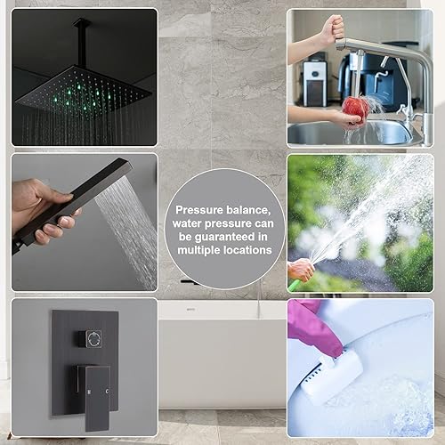 Miniatura 5 de Sistema de ducha de bronce aceitado de 10 pulgadas con ducha de lluvia LED multicolor y rociador de mano, juego de grifo de ducha de cuerpo completo