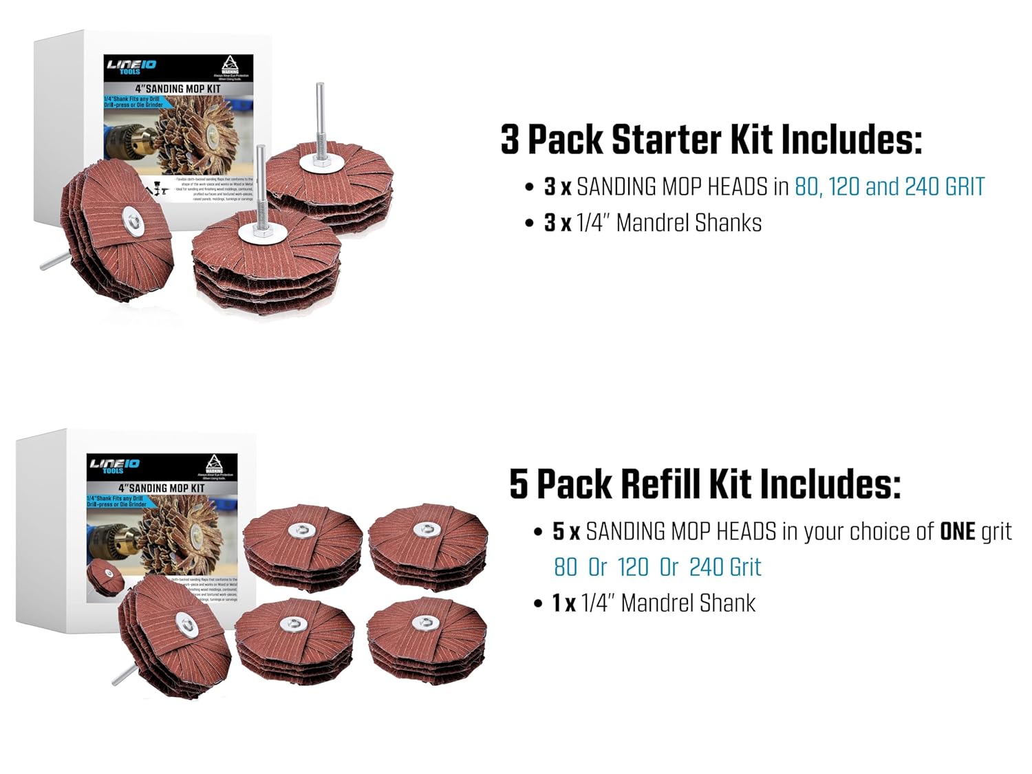 LINE10 Tools 4-inch Sanding Mop Kit, Moulding Flap Wheel Sander for Drill, 80, 120, 240 Grit Mop Sanders Brush, 1/4" Shank, Abrasive Flapper Sander for Woodworking, Contours, Finishing, Pack of 3