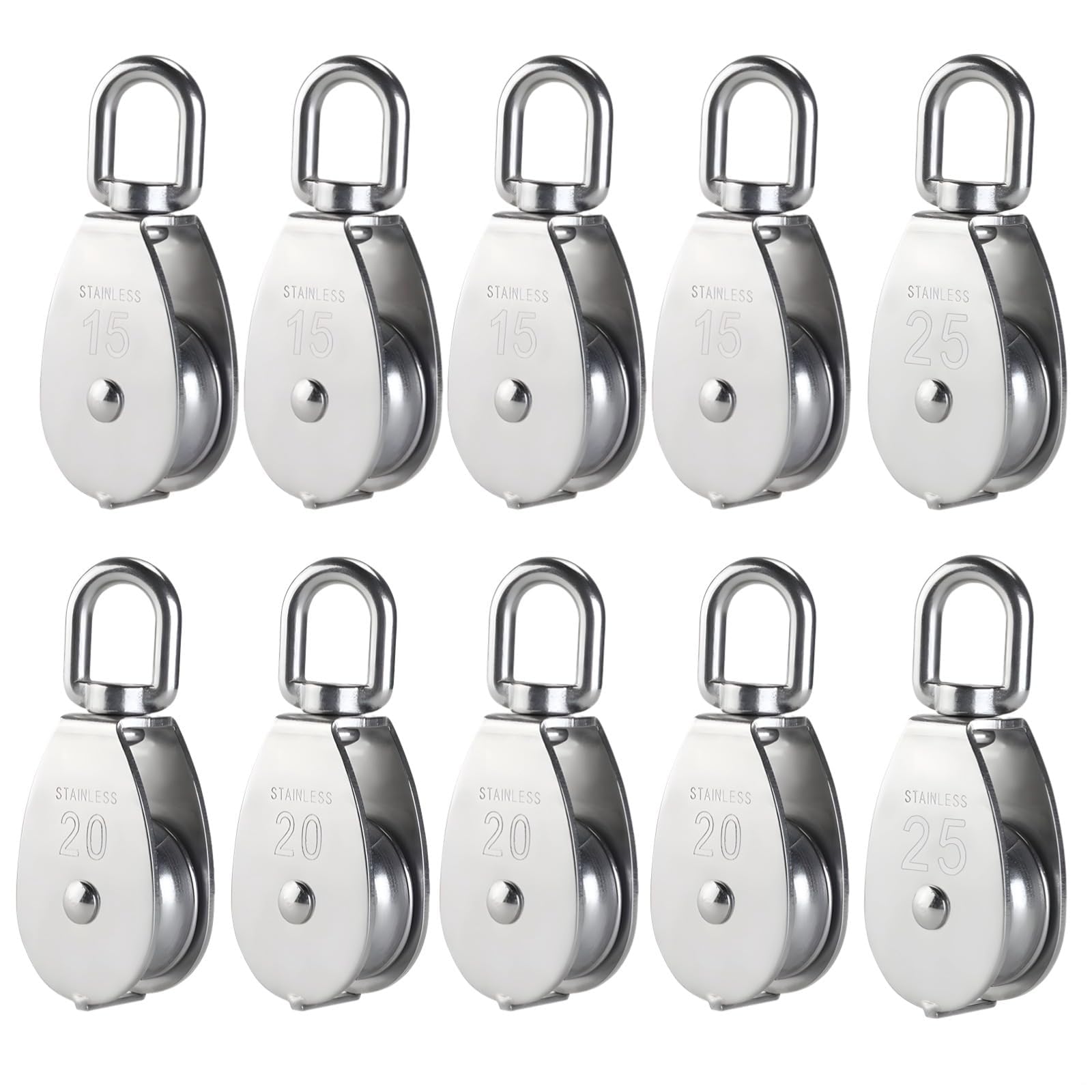 Juego de 10 poleas de acero inoxidable, poleas de elevación giratorias de 360° para cuerda de alambre, sistema de polea única (M15/M20/M25), ideal para velas de sombra, gimnasio en casa, elevador de