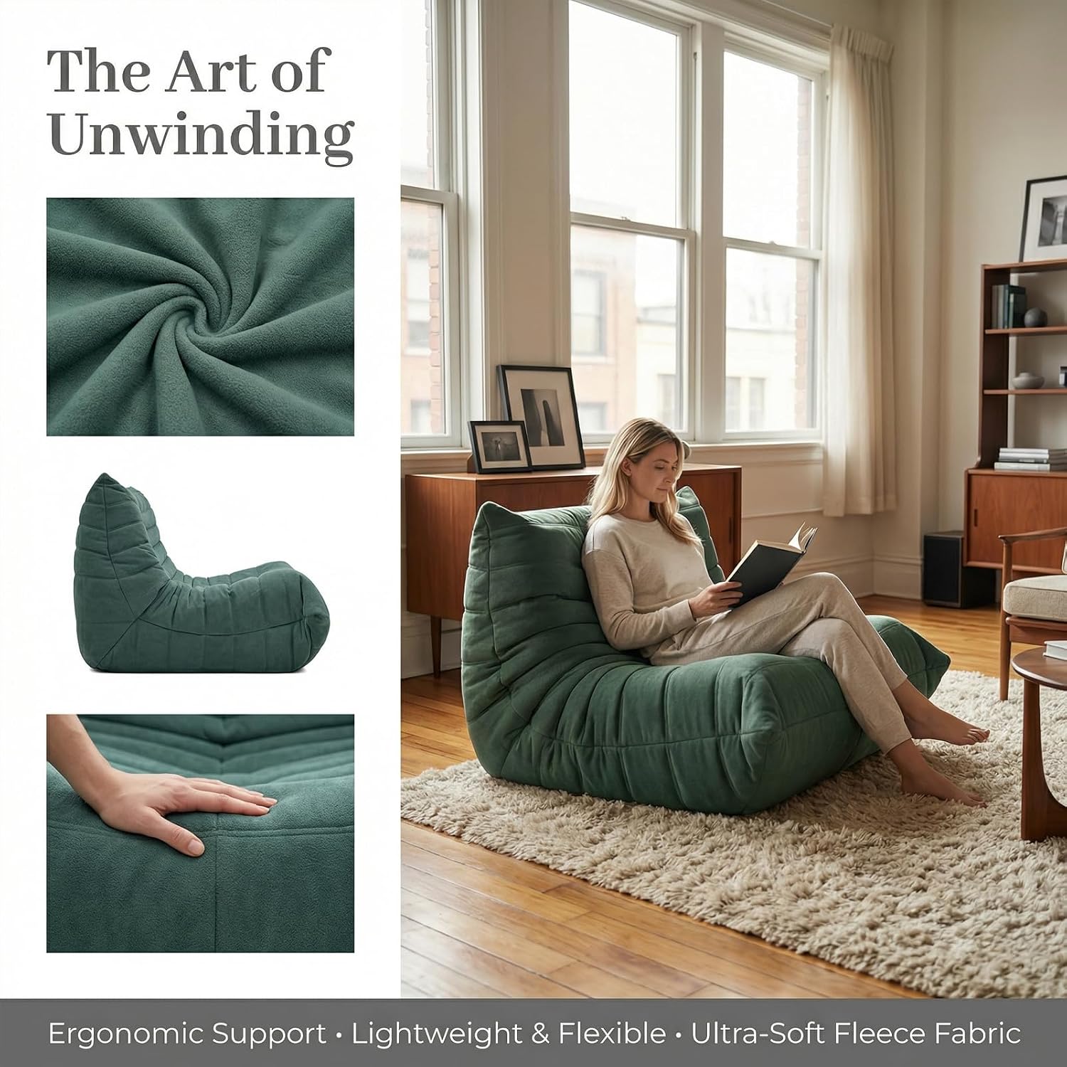 MEISIMAN Bean Bag Chairs for Adults, Beanbag Green Chair - Floor Chairs with Back Support, Fleece Comfy Chairs & Memory Foam Chair, Reading Lazy Sofa for Living Room, Bedroom, Corner