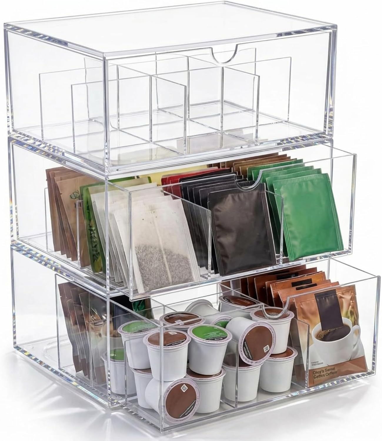 Hoteam 3 Pack Tea Bag Organizer with Lids,Clear Stackable Plastic Tea Bag Storage Organizer for Cabinet Counter Countertop Pantry, Sweeteners(Pull Drawer,9 Grids)