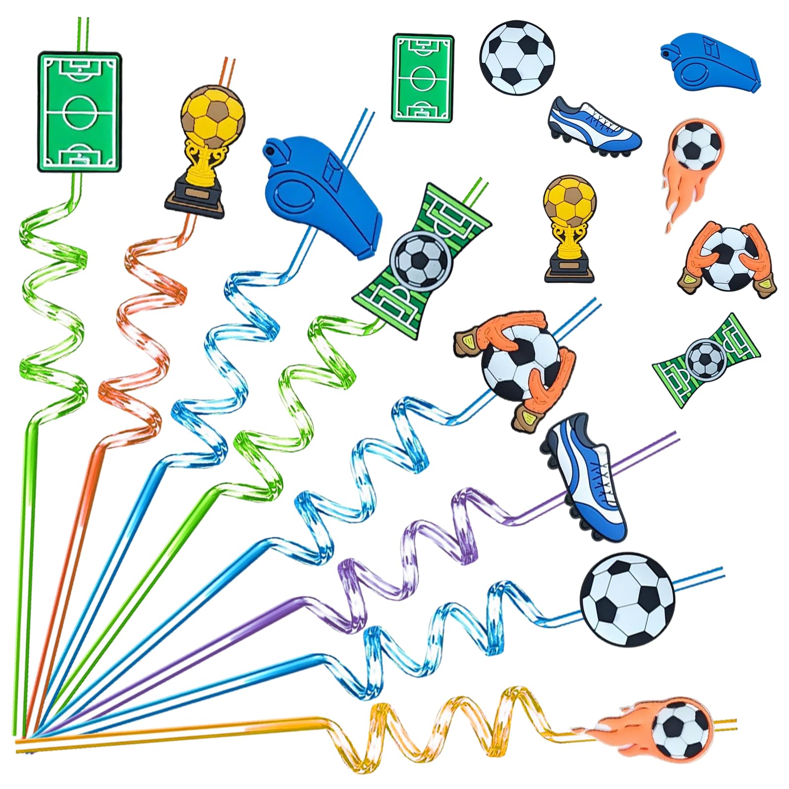 16 Pcs Reusable Drinking Straws, Football Colorful Curly Straws Soccer Themed Plastic Drinking Straws for Parties, Birthday Decorations, Cocktails, Smoothies & Kids Drinks