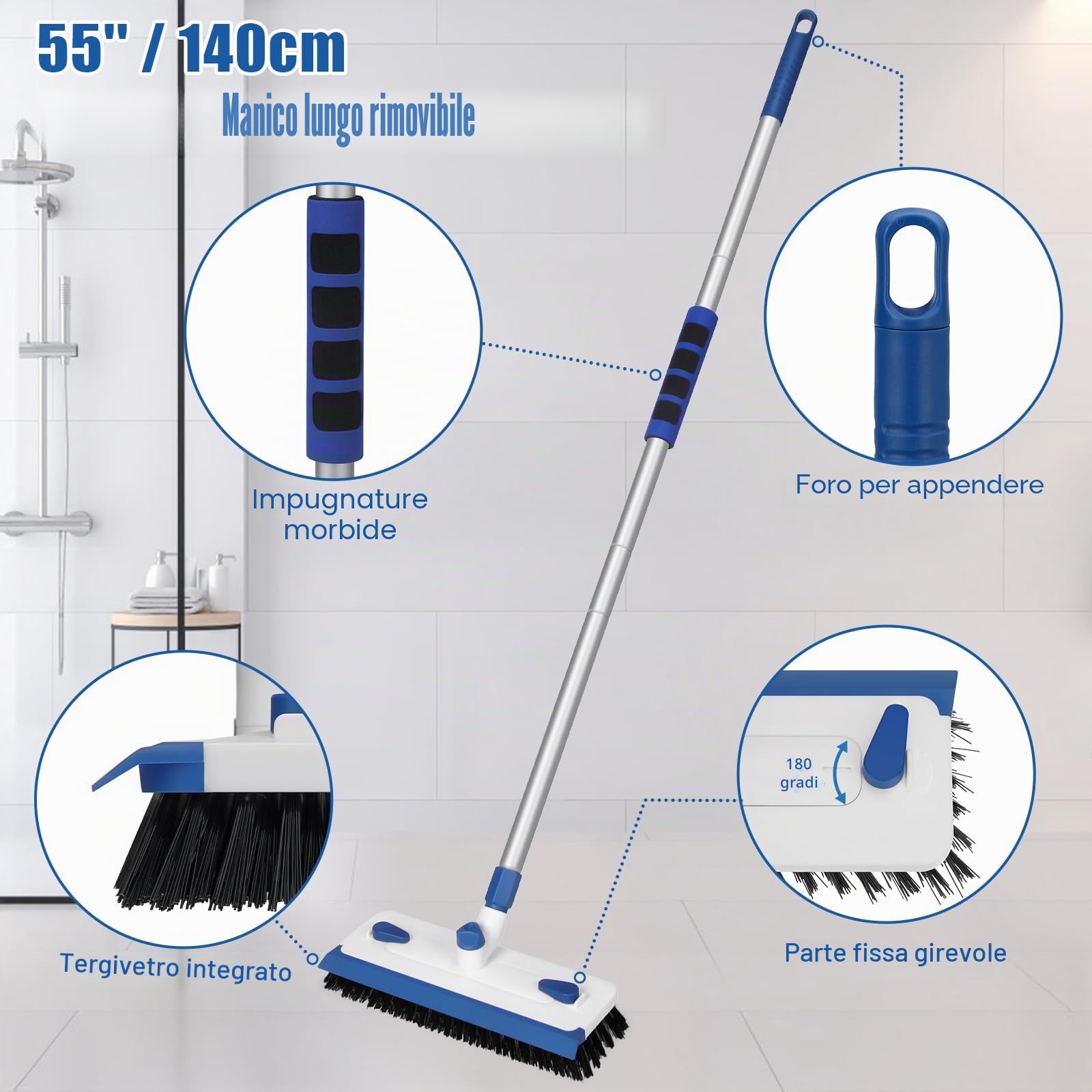 Qaestfy Spazzolone per Pavimenti con Manico Lungo 3 in 1 Pulisci Fughe Pavimenti 140 cm Spazzola per Pulire Doccia Pulizia Fughe Pavimento per la Pulizia di Piastrelle, Bagno, Cucina, Battiscopa
