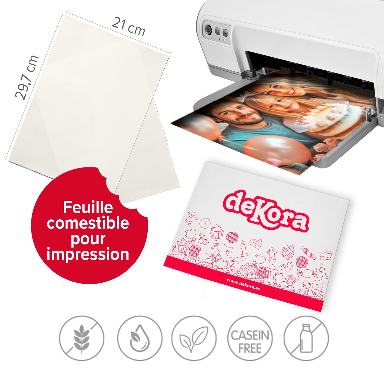 dekora - Papier comestible A4 pour impression - 25 feuilles - Papier d'amidon avec sucre compatible avec imprimantes à encre alimentaire - Décoration créative pour gâteaux, biscuits et cupcakes