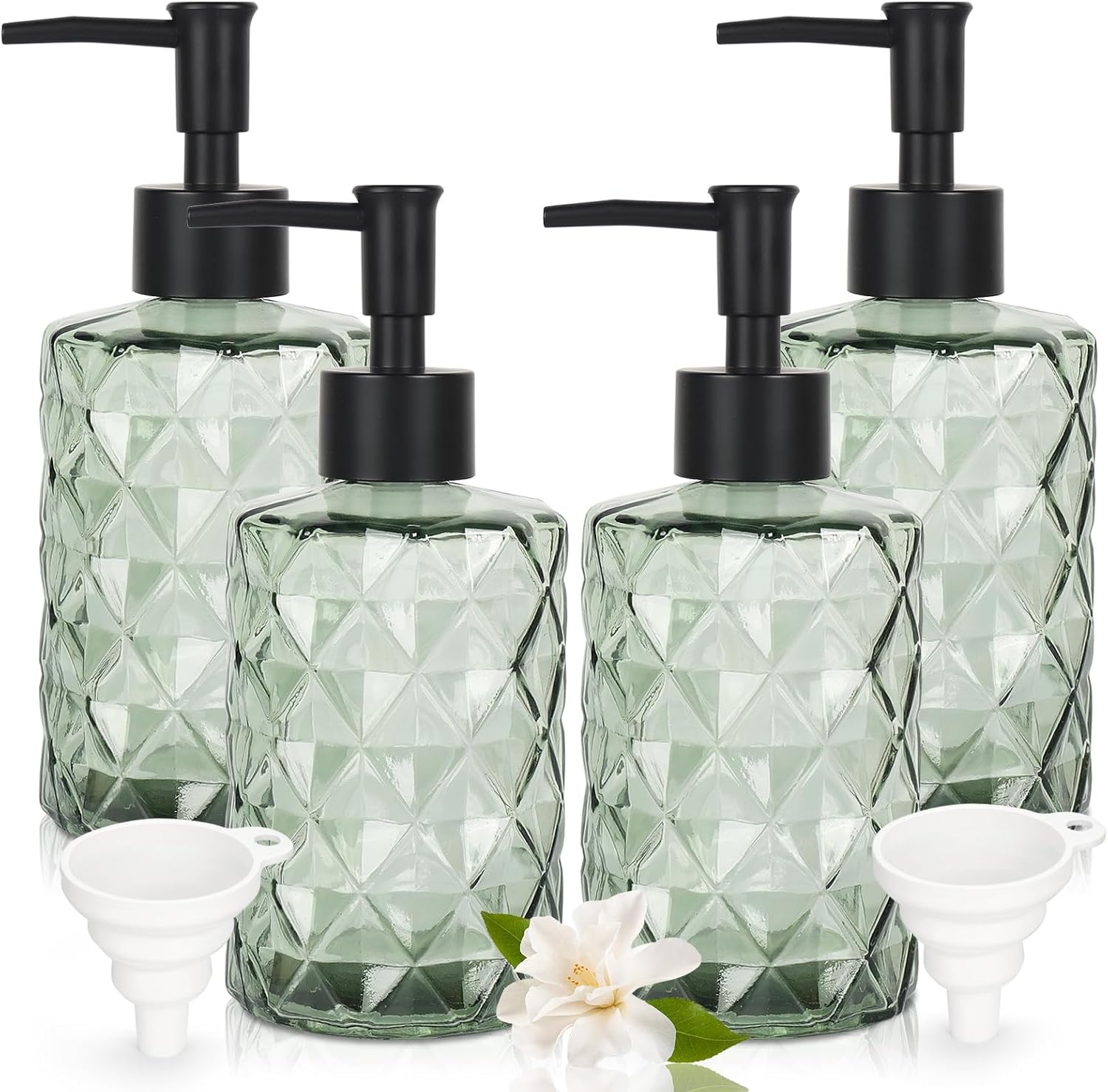Green Glass Soap Dispenser Set for Bathroom, 11oz. Glass Soap Bottles with Plastic Pump, Kitchen Dish Soap Dispenser Set, Hand-Pump Dispenser for Shampoo, Lotion, Essential Oil (4Pcs)
