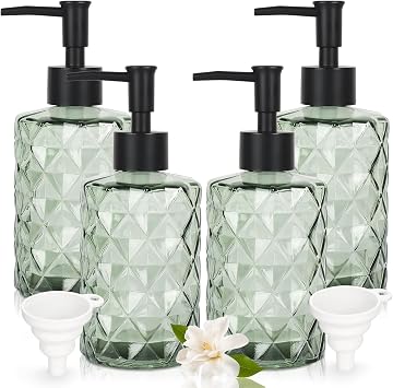 Green Glass Soap Dispenser Set for Bathroom, 11oz. Glass Soap Bottles with Plastic Pump, Kitchen Dish Soap Dispenser Set, Hand-Pump Dispenser for Shampoo, Lotion, Essential Oil 4Pcs