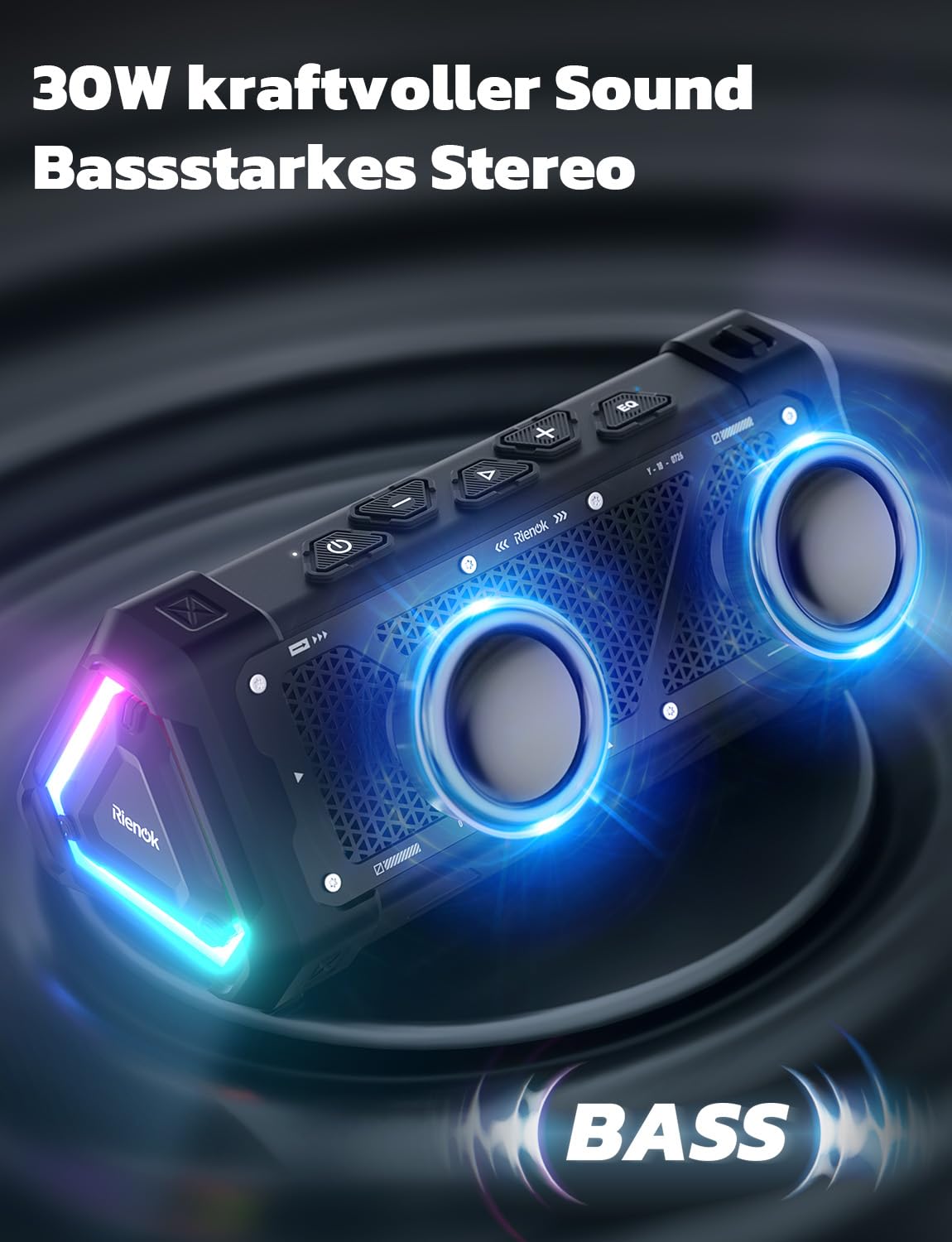 RIENOK S11 Bluetooth Lautsprecher 30W Musikbox mit EQ Modus USB IPX7 Bluetooth Box 24h Akku Tragbarer Lautsprecher mit Licht Bass für Phone Party Outdoor Strand Park Fahhrad