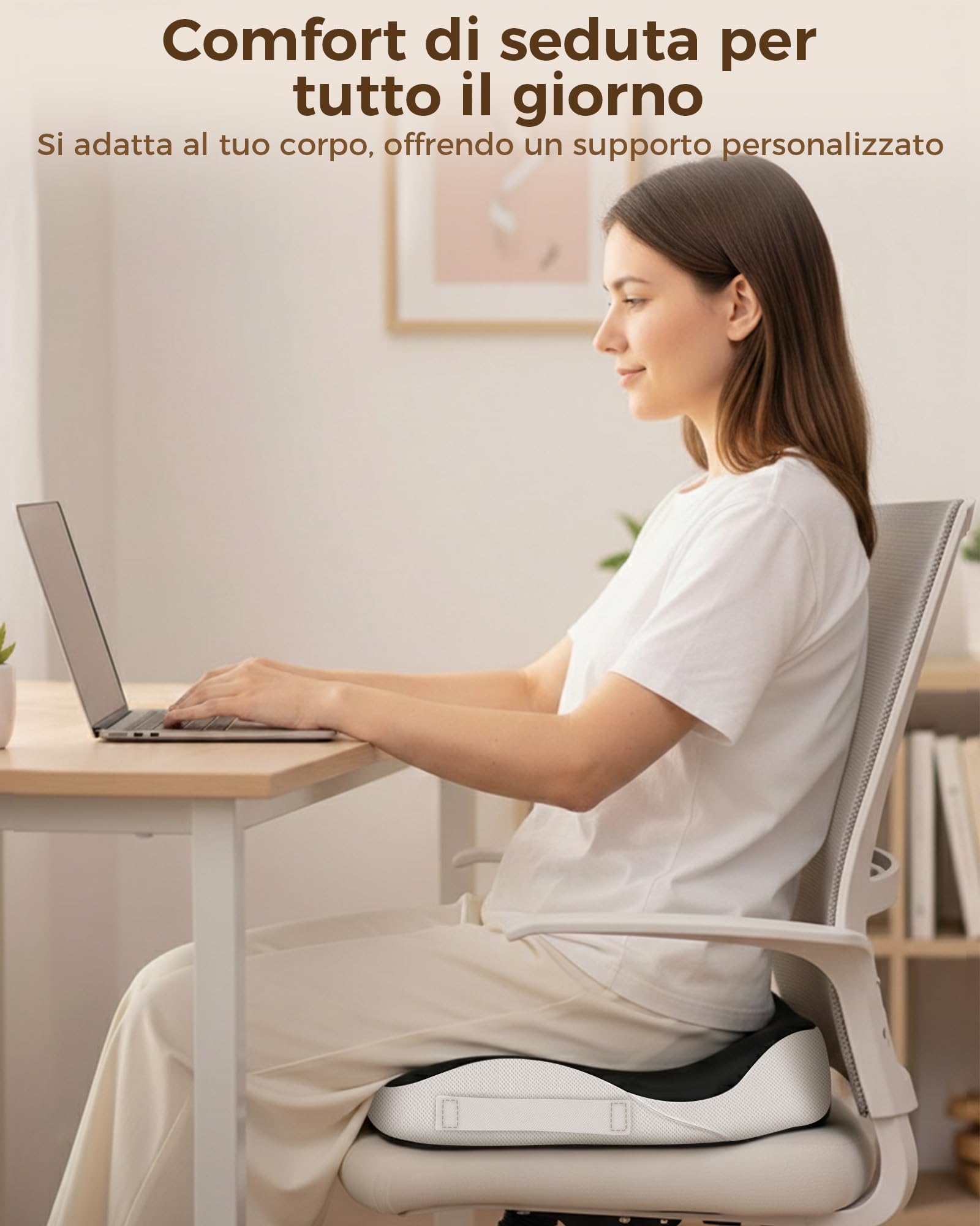 Feagar Cuscino Sedia Ufficio in Memory Foam Alta Densità per 60-90kg | Con pratica maniglia e fondo antiscivolo. Ideale per seduta prolungata, auto, home office e studio, comfort quotidiano.