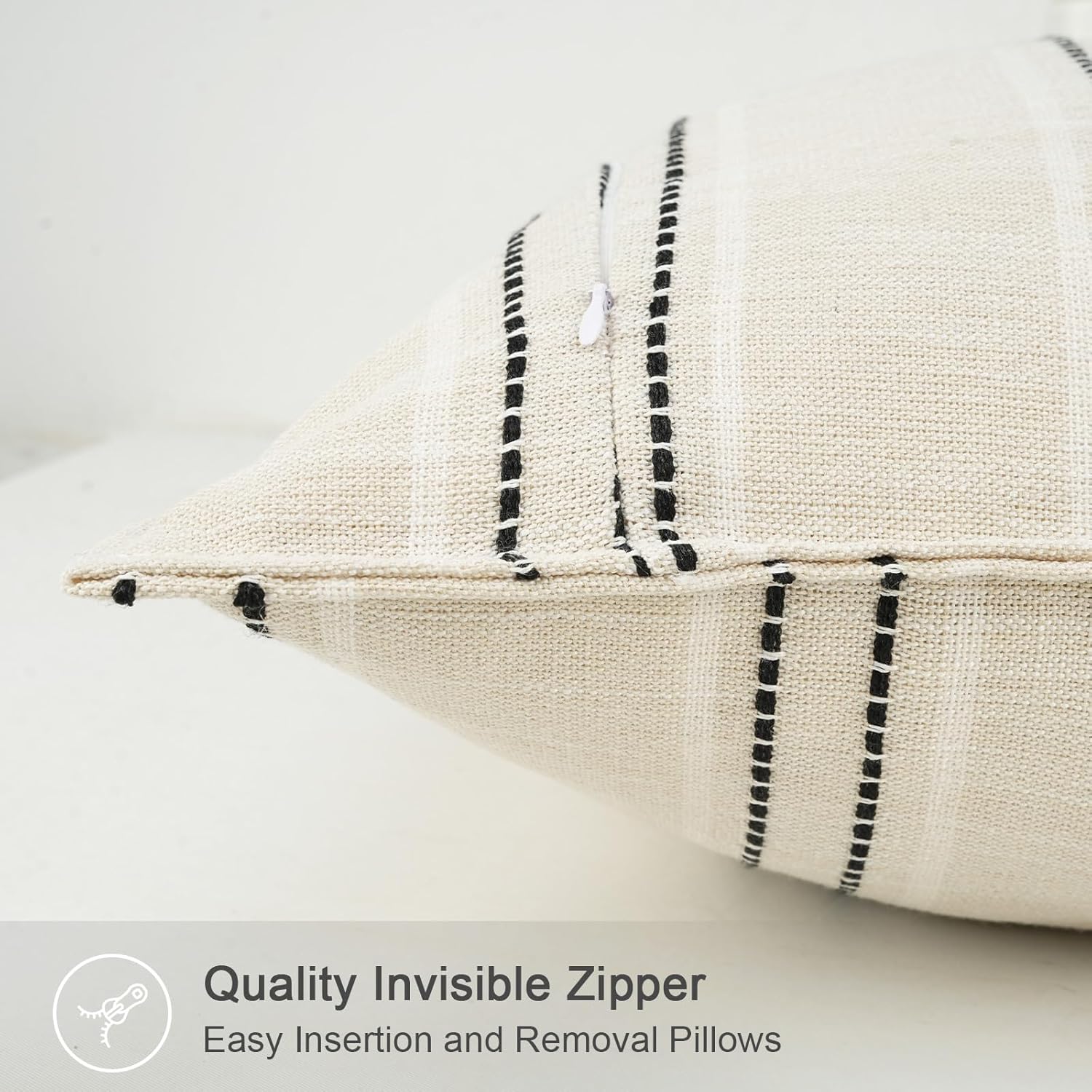 18X18 Decorative Farmhouse Linen Throw Pillow Covers, Boho Textured Pillow Case Set of 2 ,Beige with White & Black Stitch Yarn Dyed Stripe Cushion Cover ,Modern Accent Square Pillowcase for Sofa Couch - Image 4