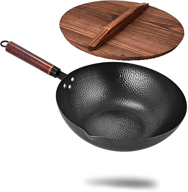 AEROBATICS Carbon Steel Wok Pan, Hand Hammered Wok With Wooden Handle, Stir Fry Pan With Lid, Traditional Cast Iron Wok For Electric Induction And Gas Stoves,Black