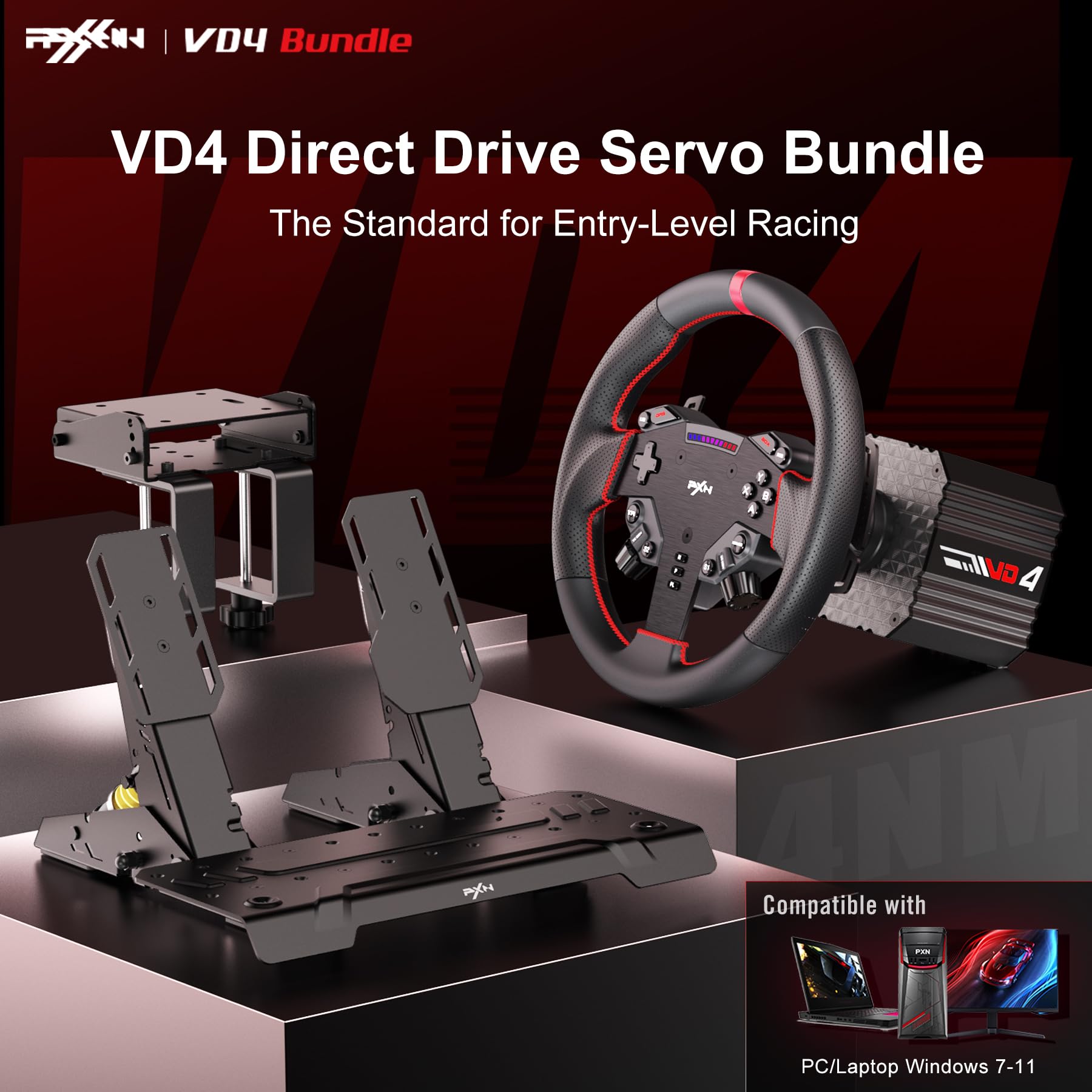 PS4VRレーシングセット PXN VD4 Bundle F - PC Steering Wheel and Pedals - 4Nm Force