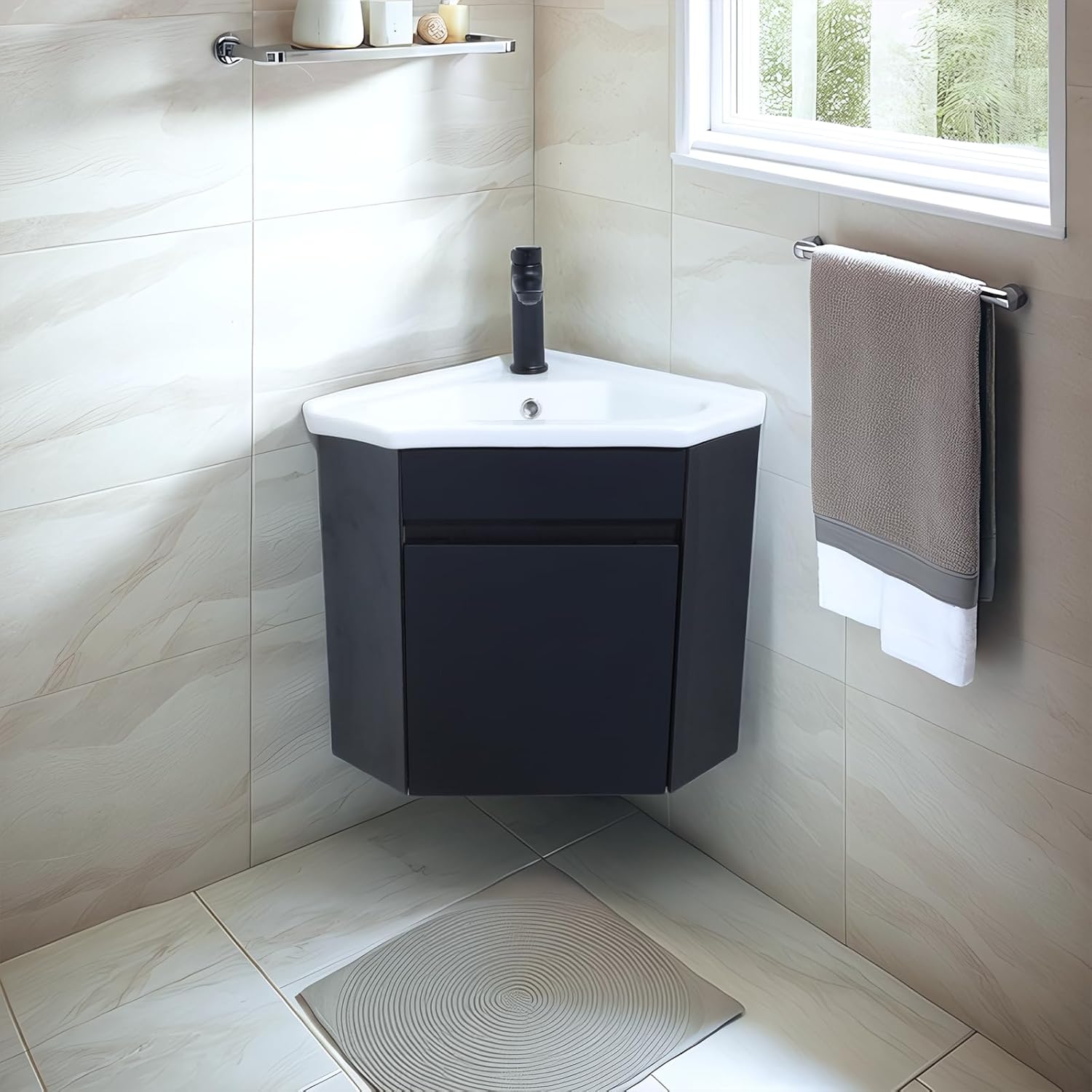 16 Inch Black Floating Corner Bathroom Vanity with Sink, Small Wall-Mounted Cabinet for Small Spaces, Featuring 1 Soft-Close Door