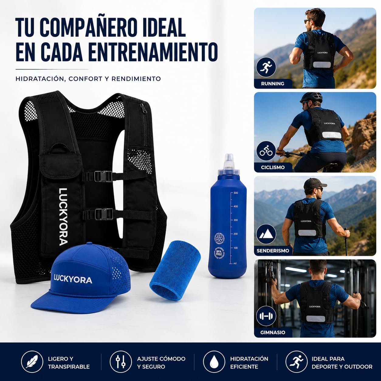 Gilet de course pour homme et femme - Sac à dos d'hydratation avec Soft Flask 500 ml, casquette et poignet - Gilet léger respirant pour course
