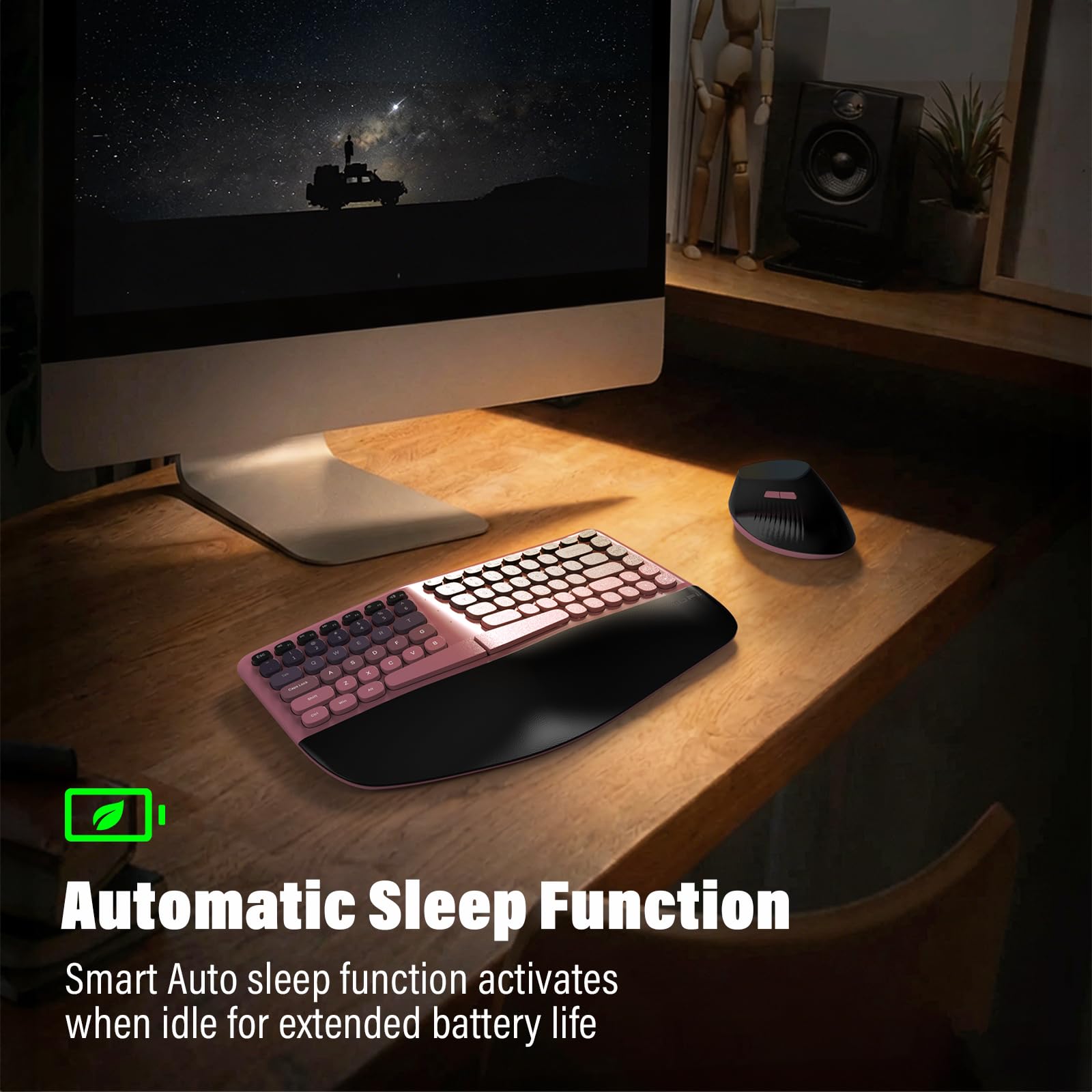 MOFII Tastiera ergonomica wireless e mouse combinata, tastiera curva divisa con poggiapolsi, mouse verticale, 2,4 G, per PC, laptop, desktop, Mac, rosa sfumato colorato