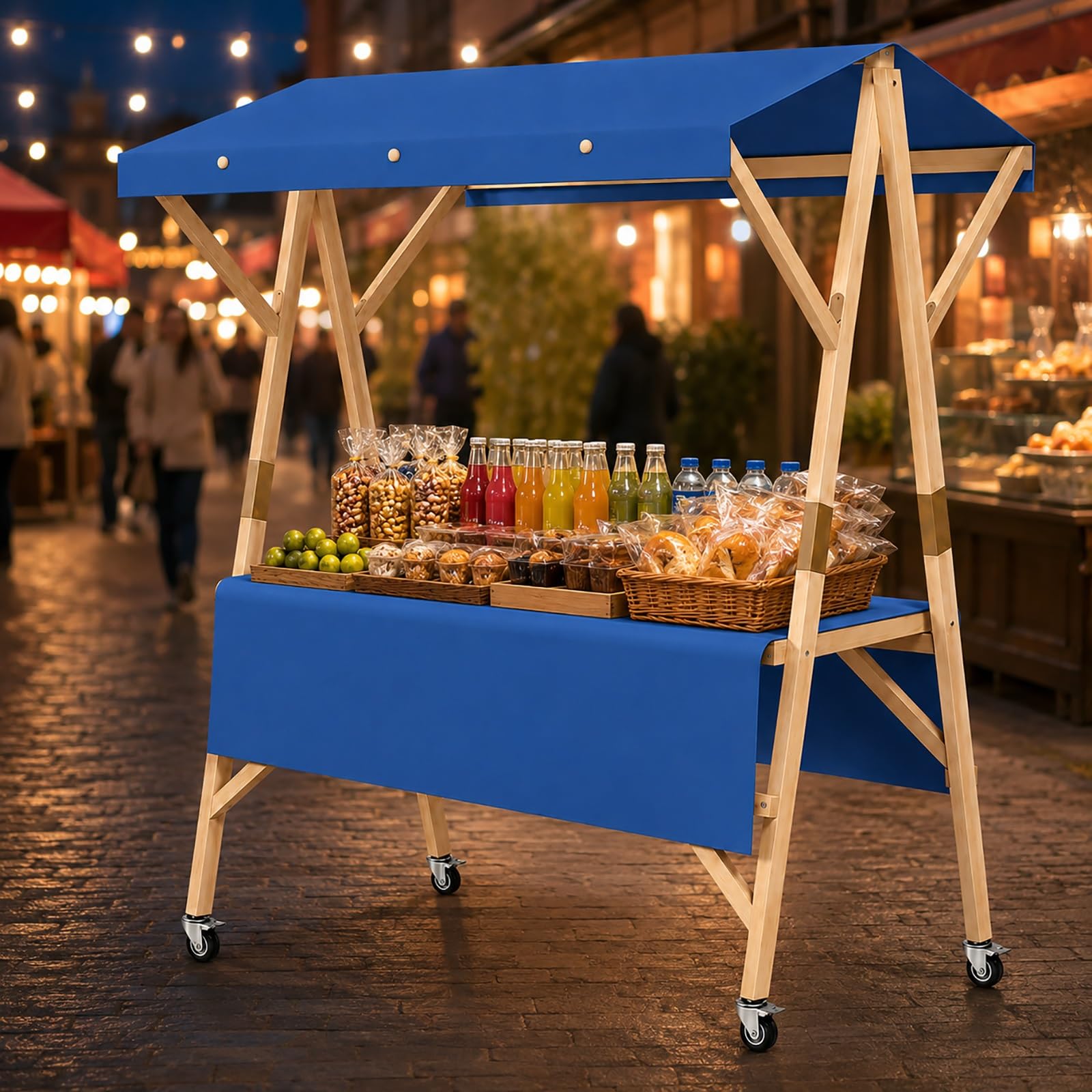 SBCWH Portable Wooden Market Stand with Canopy, Folding Vendor Cart on Wheels, Outdoor Farmers Booth, Lemonade Stall for Street Fairs, Events(Blue,120x60x200cm)