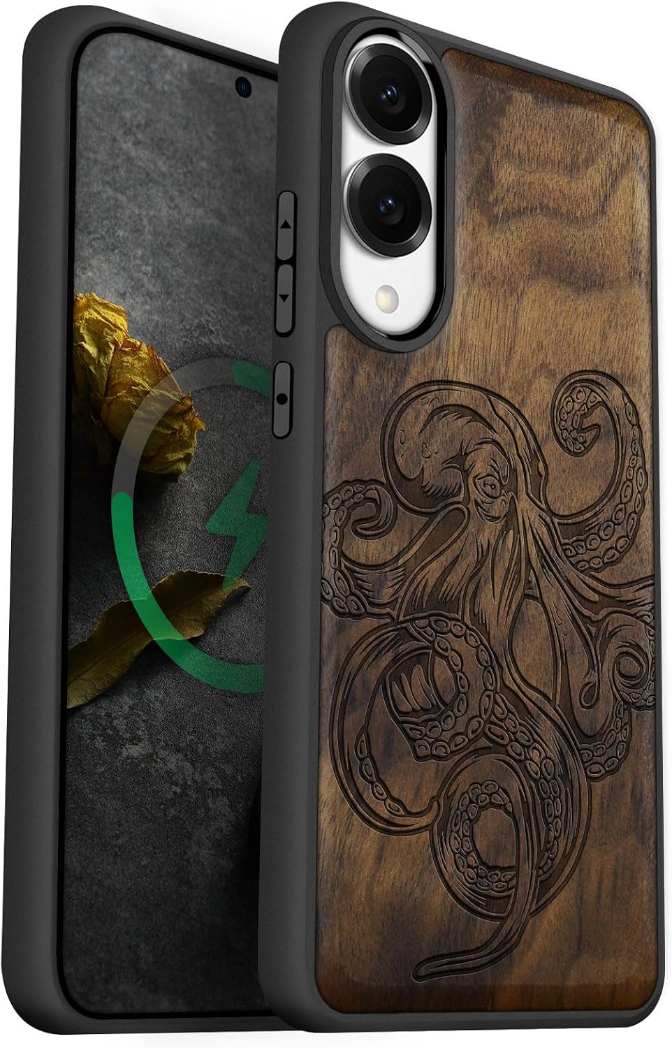 Carveit Magnetic Wooden Case for Samsung Galaxy S25 Edge Case 2025, TPU Shockproof Cover & Wood Artisan Engraved, Compatible with MagSafe Wireless Chargers (Octopus Drawing) Walnut