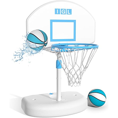 IGL Poolside Basketball Hoop, Swimming Pool Basketball Hoop with 28 Inch Backboard, Height Adjustment Pool Basketball Goals with Stainless Steel Rim, Includes 2 Balls & Pump