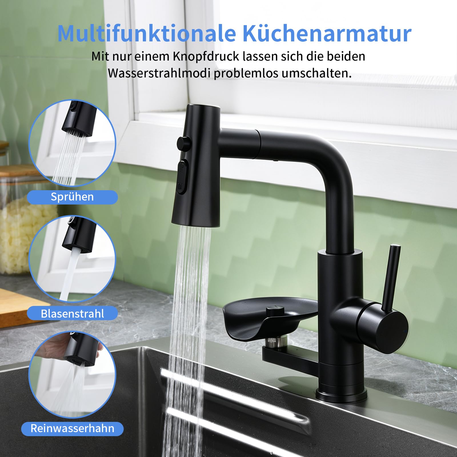 Grifo de Cocina Extraible con Lavavasos, 3 Modos, Torneira Cozinha Negro | LakeBayMZC Grifos Cocina Fregadero Monomando con Lavatazas, 3 Chorros, Giro 360°, acero 304 Cepillado Cocina Bar Baño