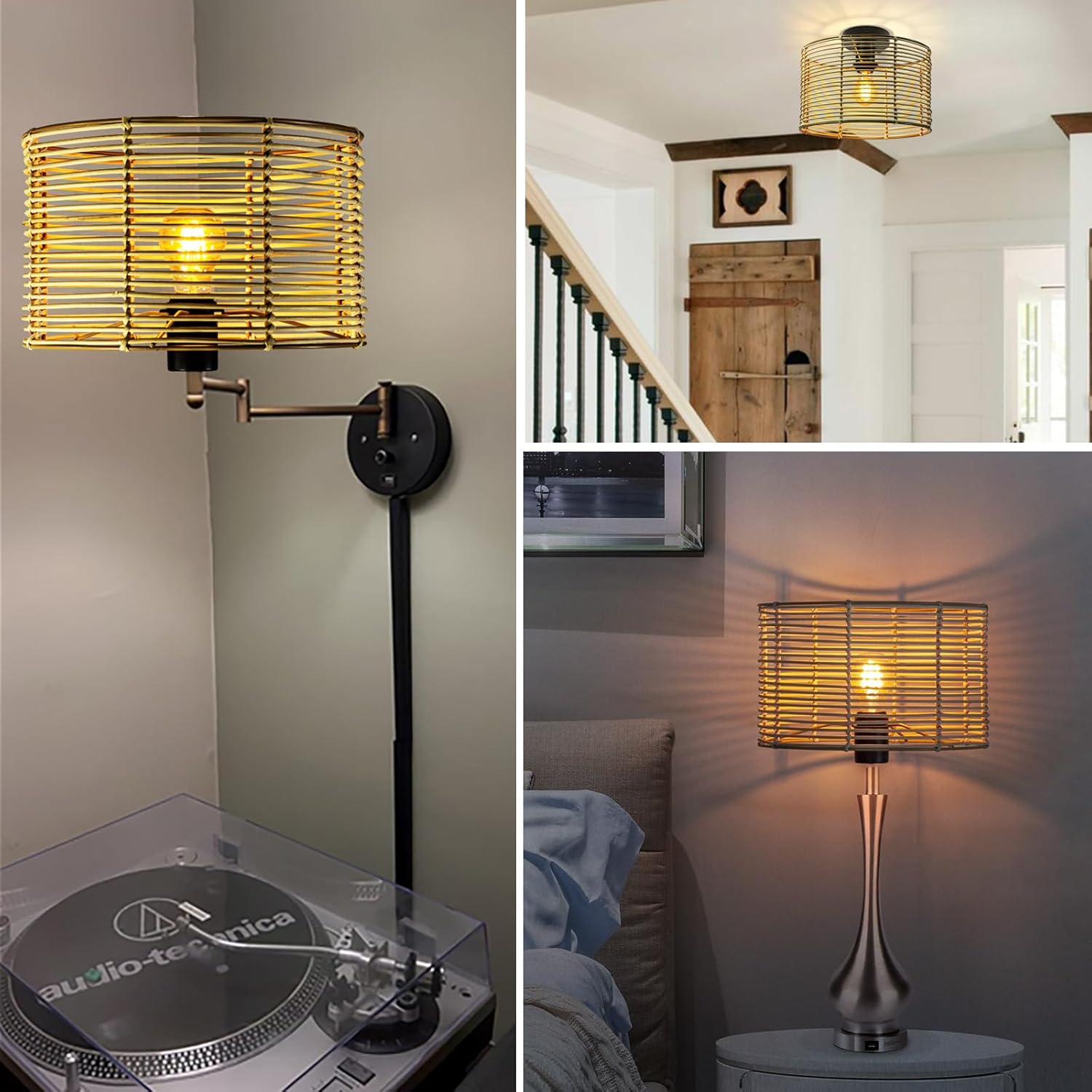 Rattan Lamp Shade E27/E14/E26/E12 Base boho Lamp Cover replacement, Lampshade woven wicker hanging Lamp Shade for Table Lamp Chandelier Pendant lights