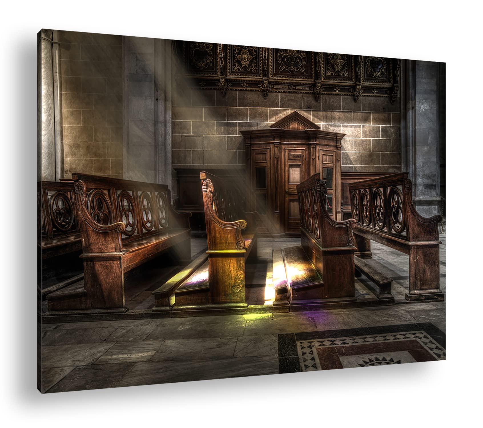 deyoli Jasno oświetlona ławka kościelna, format: 75 x 50 cm jako obraz na płótnie, motyw oprawiony na ramie z prawdziwego drewna, wysokiej jakości druk cyfrowy z ramą